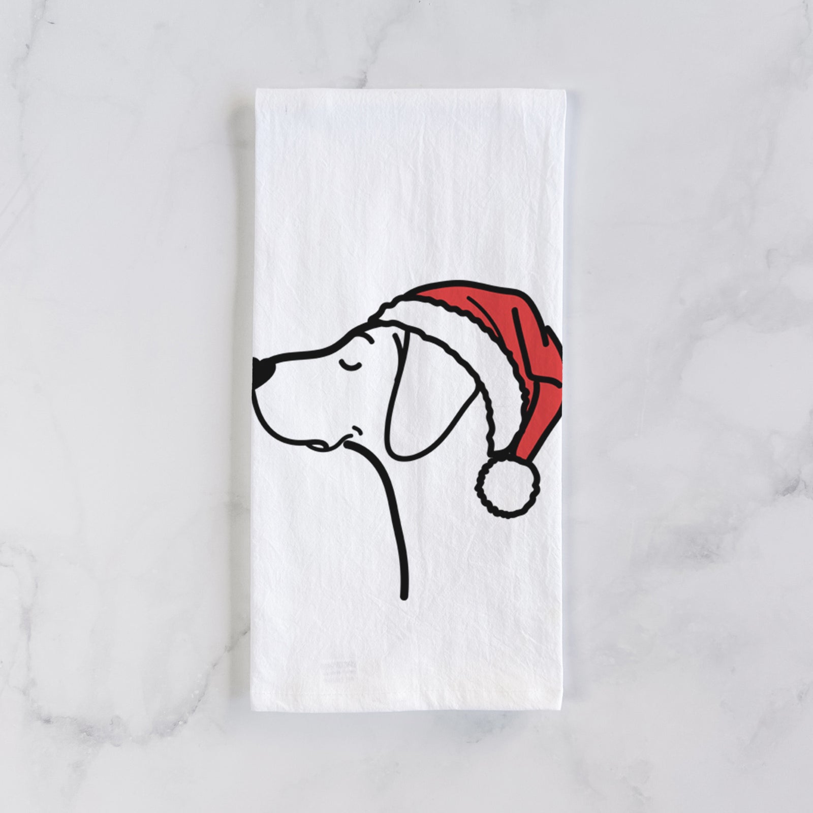 Minimalist line drawing of a German Shorthaired Pointer wearing a Santa hat on a tea towel