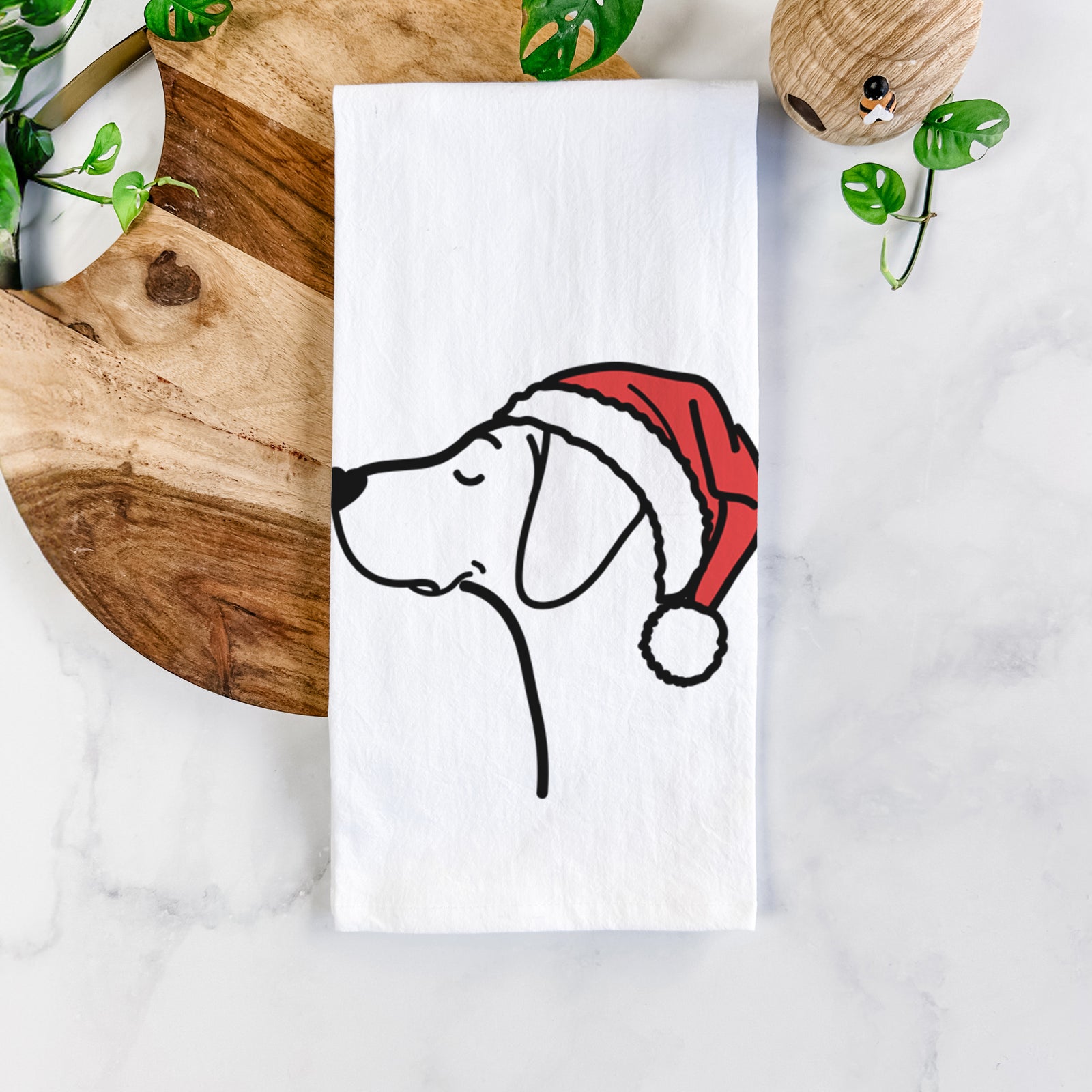 Minimalist line drawing of a German Shorthaired Pointer wearing a Santa hat on a tea towel