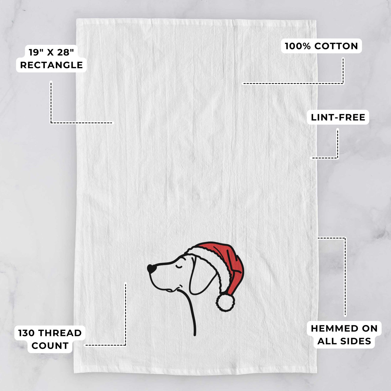 Minimalist line drawing of a German Shorthaired Pointer wearing a Santa hat on a tea towel, with feature callouts: 19 x 28 inch rectangle, 100% cotton, lint-free, 120 thread count, hemmed on all sides