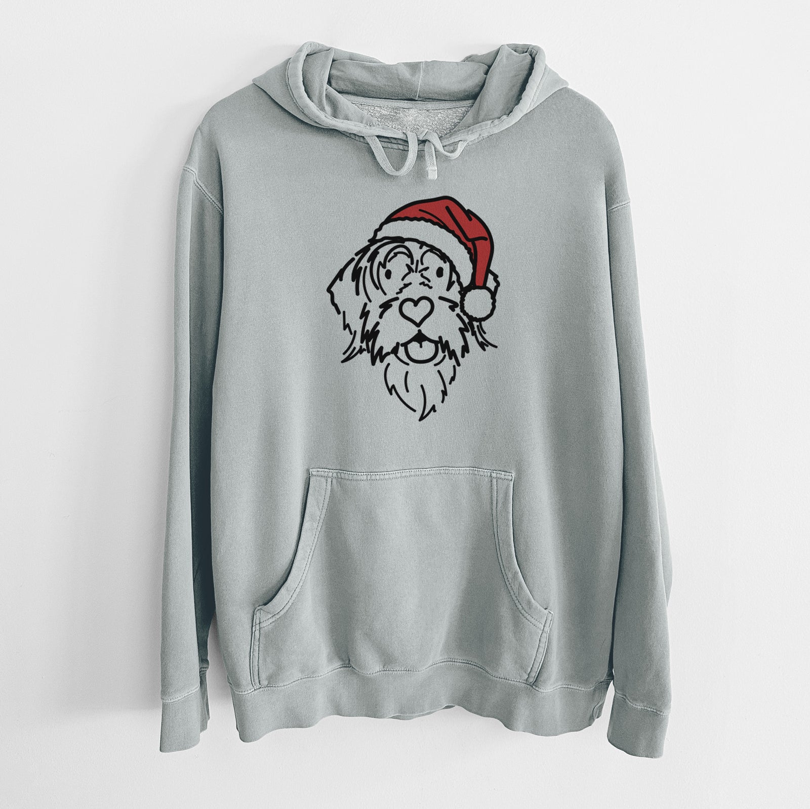 Minimalist line drawing of Gary the Wirehaird Pointing Griffon wearing a Santa hat on a Sage Unisex pigment dyed hoodie