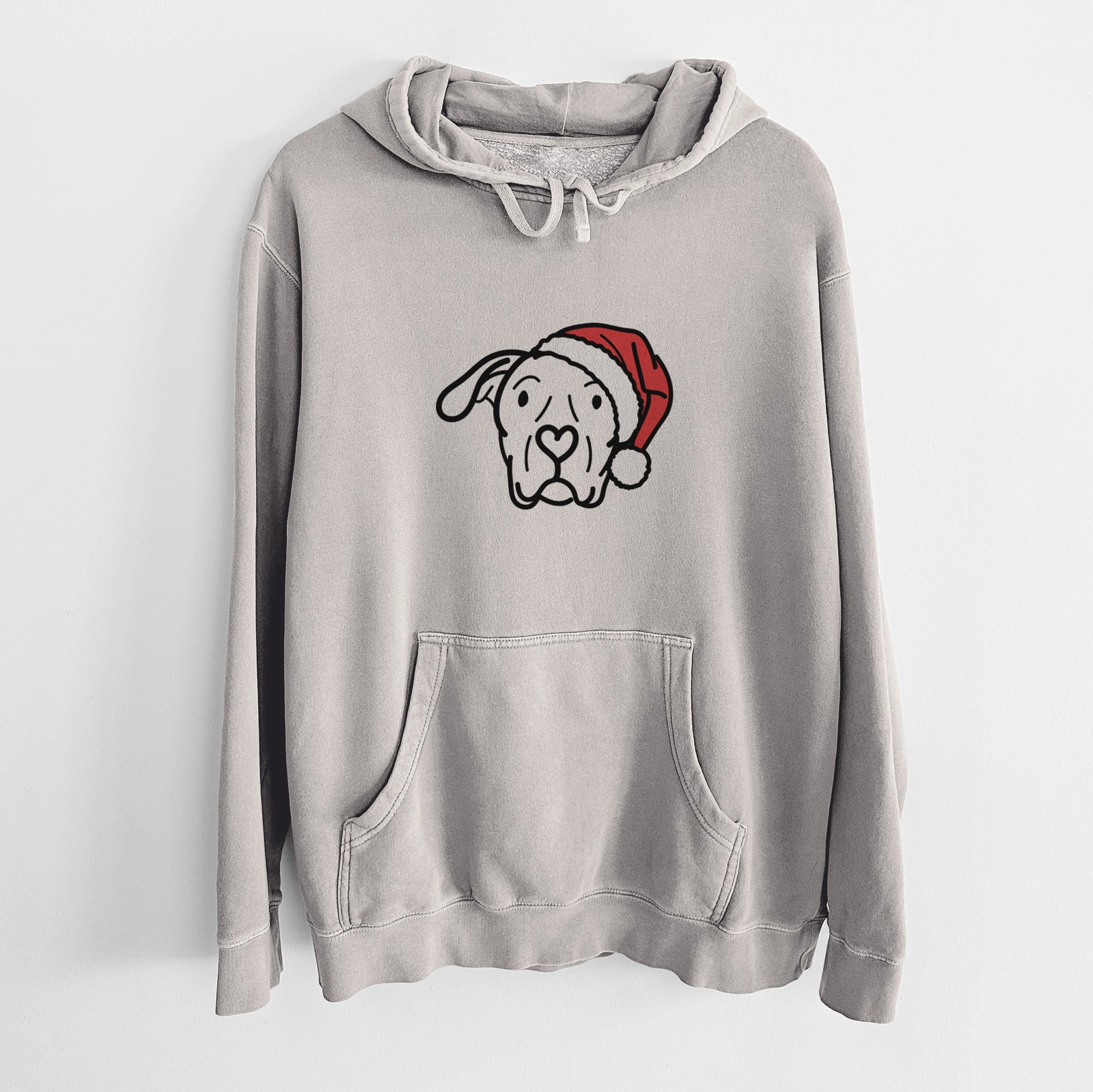 Minimalist line drawing of Genevieve the Dogo Argentino wearing a Santa hat on a Cement Unisex pigment dyed hoodie