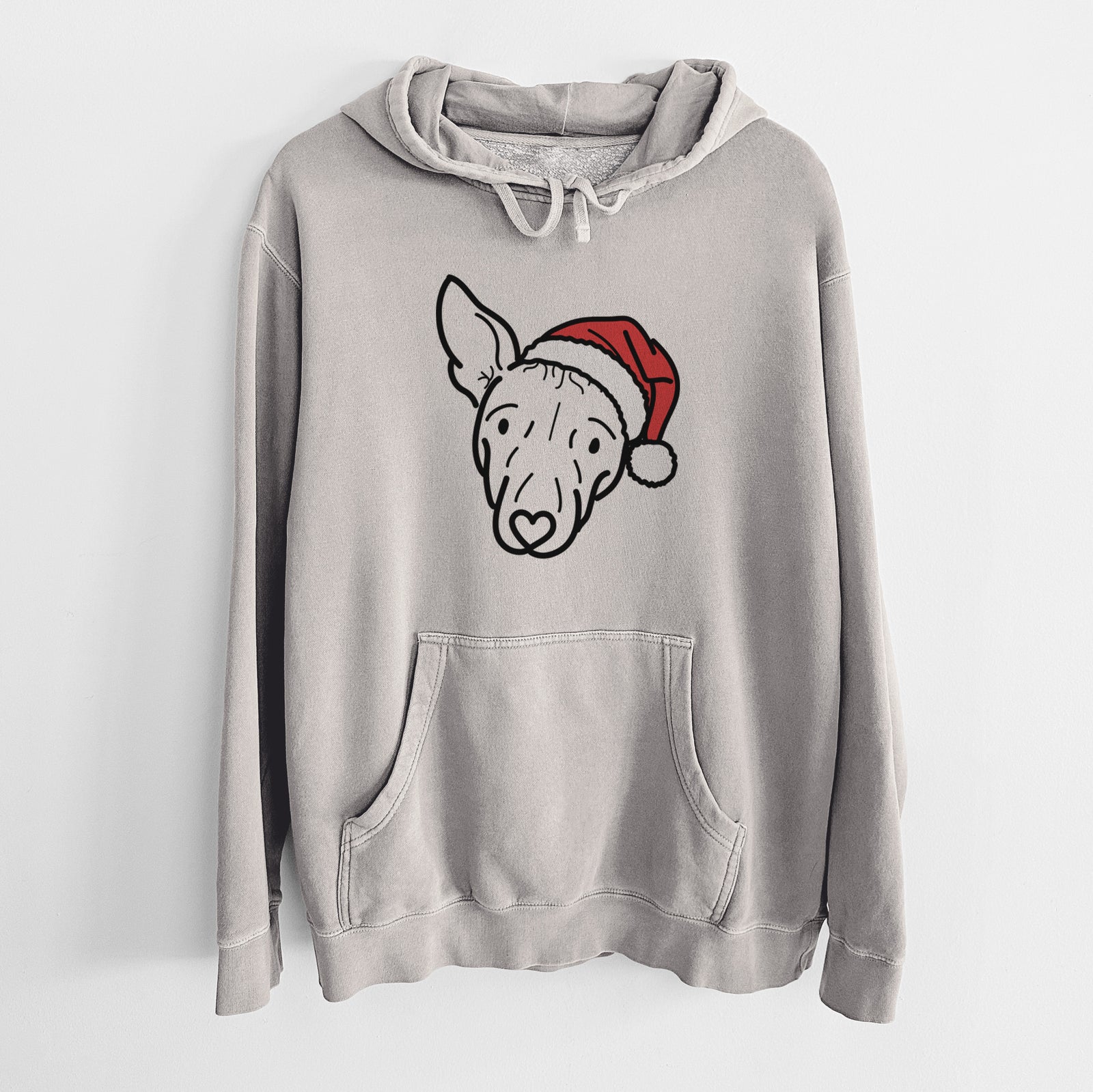 Minimalist line drawing of Georgia the American Hairless Terrier wearing a Santa hat on a Cement Unisex pigment dyed hoodie