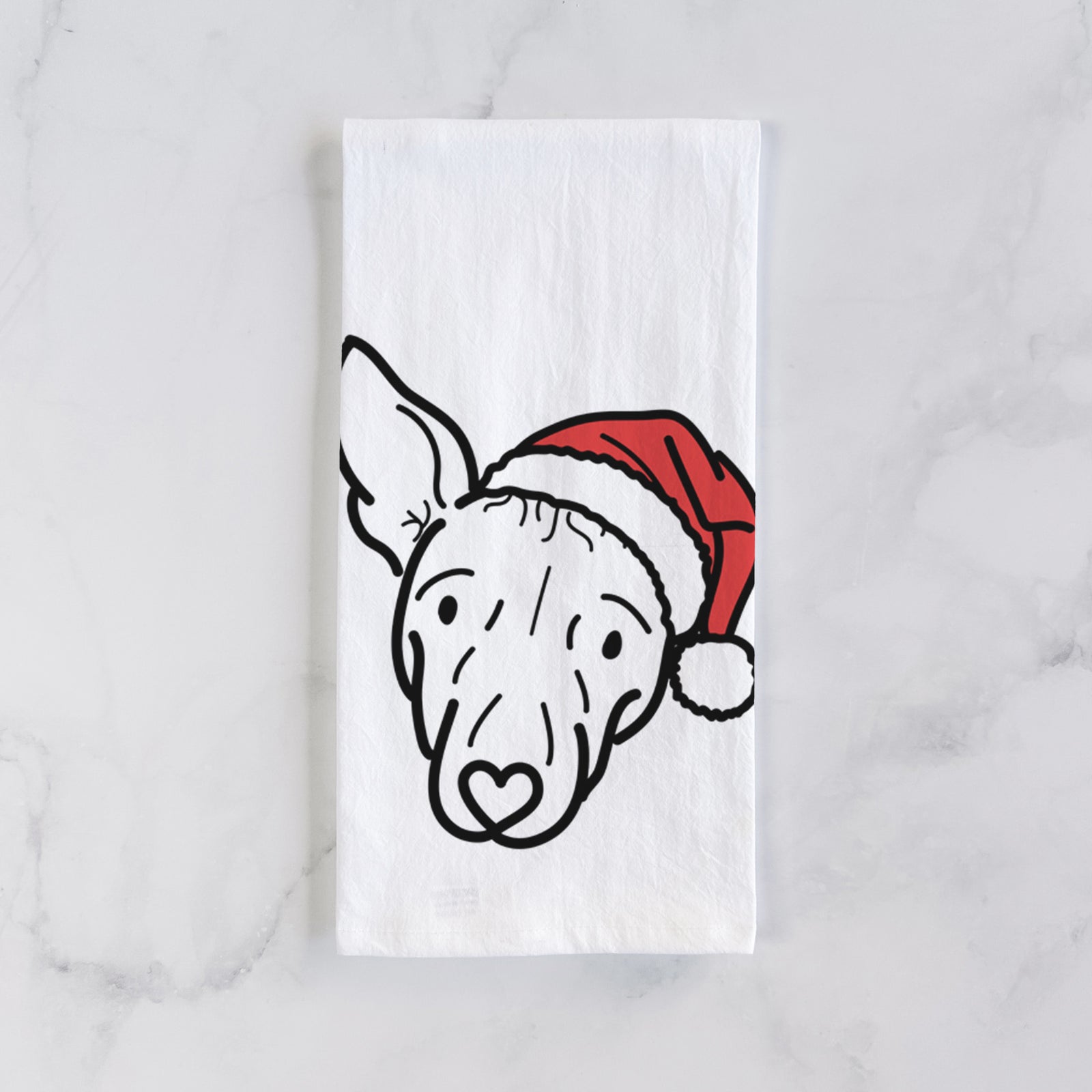 Minimalist line drawing of Georgia the American Hairless Terrier wearing a Santa hat on a tea towel