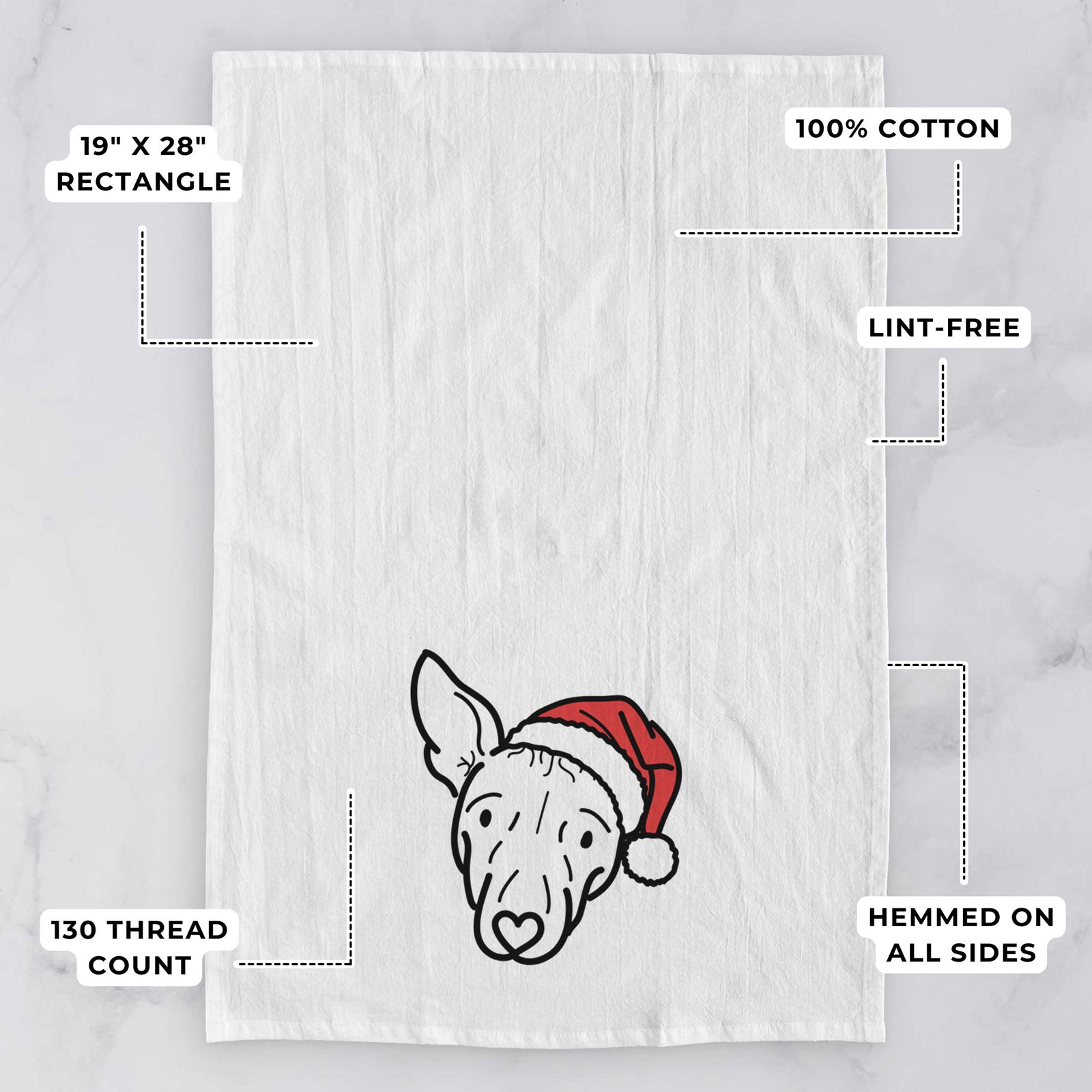 Minimalist line drawing of Georgia the American Hairless Terrier wearing a Santa hat on a tea towel, with feature callouts: 19 x 28 inch rectangle, 100% cotton, lint-free, 120 thread count, hemmed on all sides