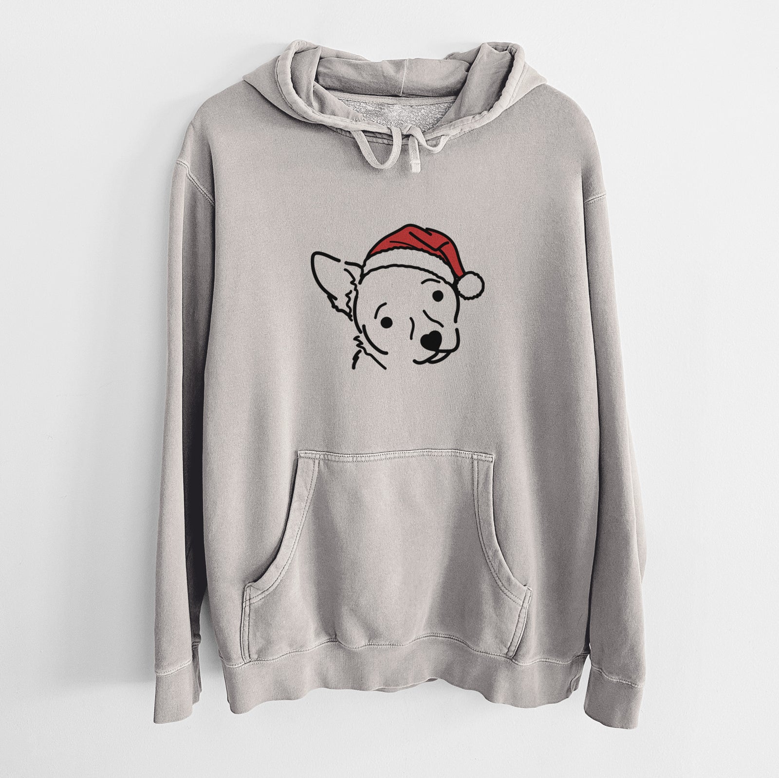 Minimalist line drawing of GiGi the Chihuahua Mix wearing a Santa hat on a Cement Unisex pigment dyed hoodie