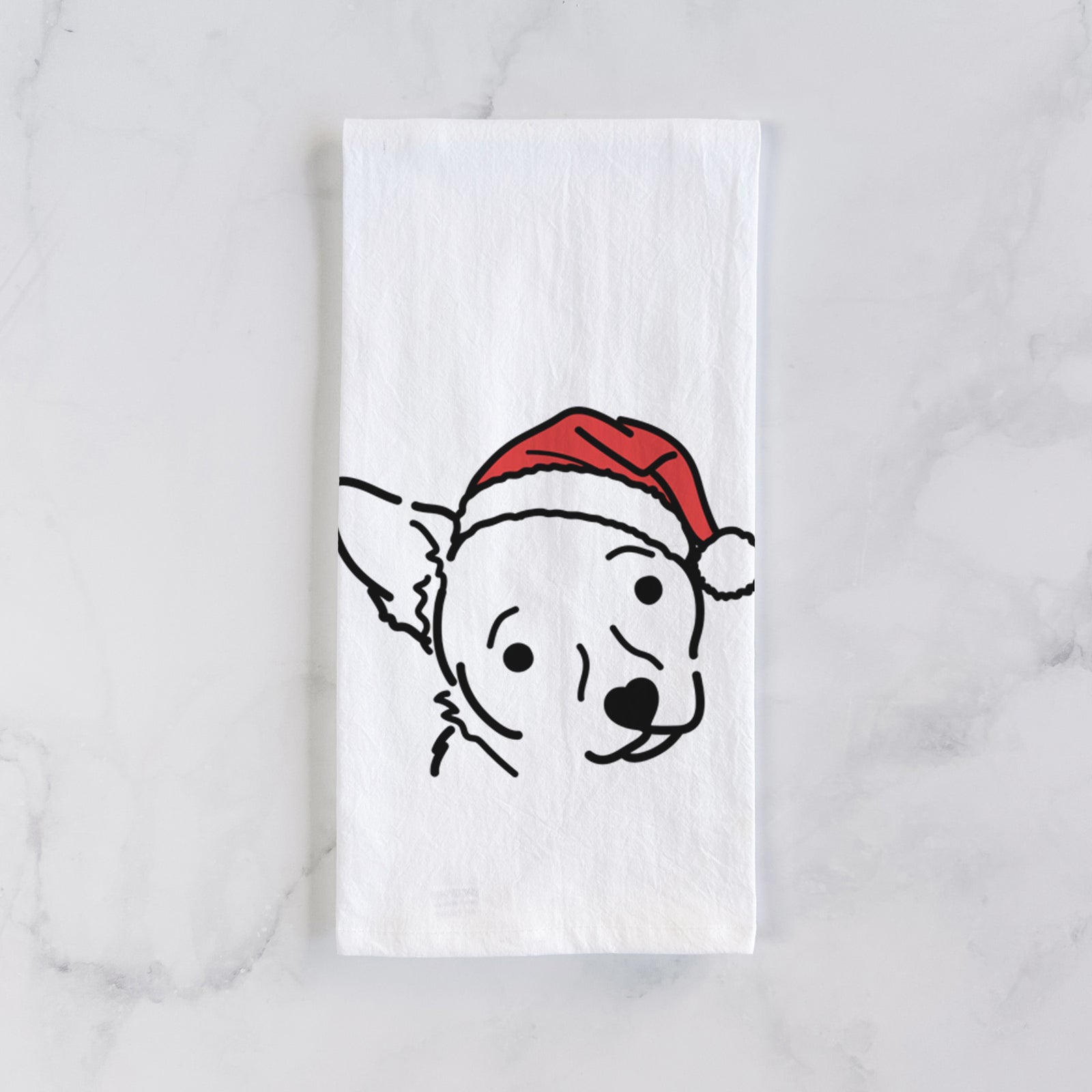 Minimalist line drawing of GiGi the Chihuahua Mix wearing a Santa hat on a tea towel