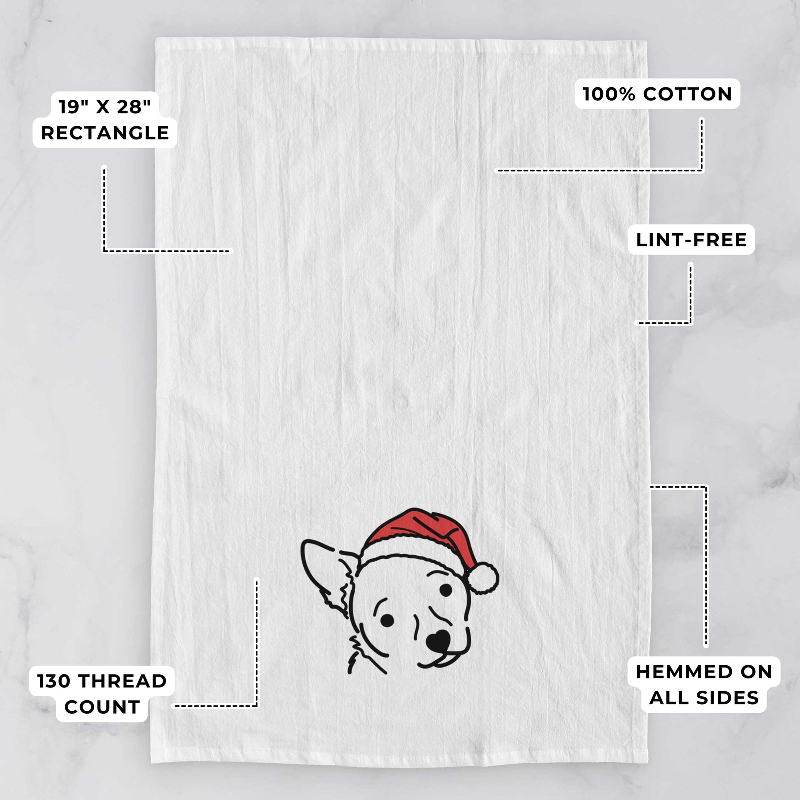 Minimalist line drawing of GiGi the Chihuahua Mix wearing a Santa hat on a tea towel, with feature callouts: 19 x 28 inch rectangle, 100% cotton, lint-free, 120 thread count, hemmed on all sides