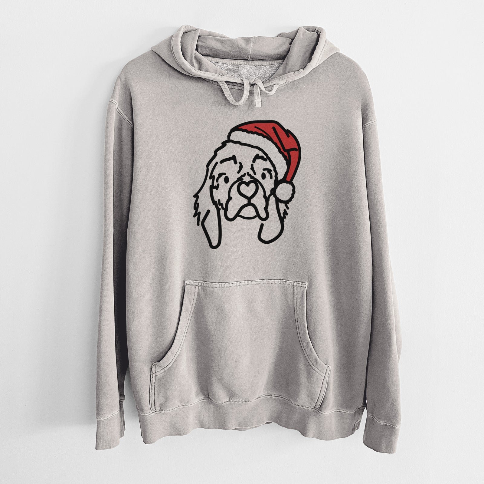 Minimalist line drawing of GiGi the Cocker Spaniel wearing a Santa hat on a Cement Unisex pigment dyed hoodie