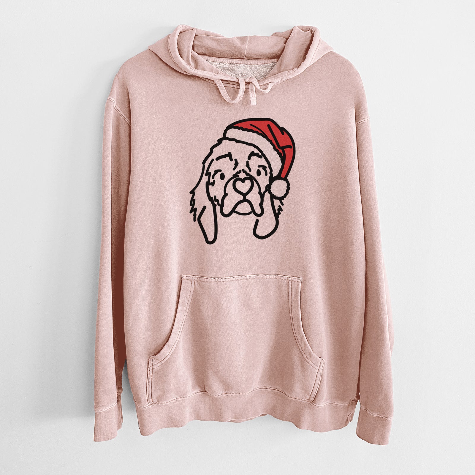 Minimalist line drawing of GiGi the Cocker Spaniel wearing a Santa hat on a Dusty Pink Unisex pigment dyed hoodie
