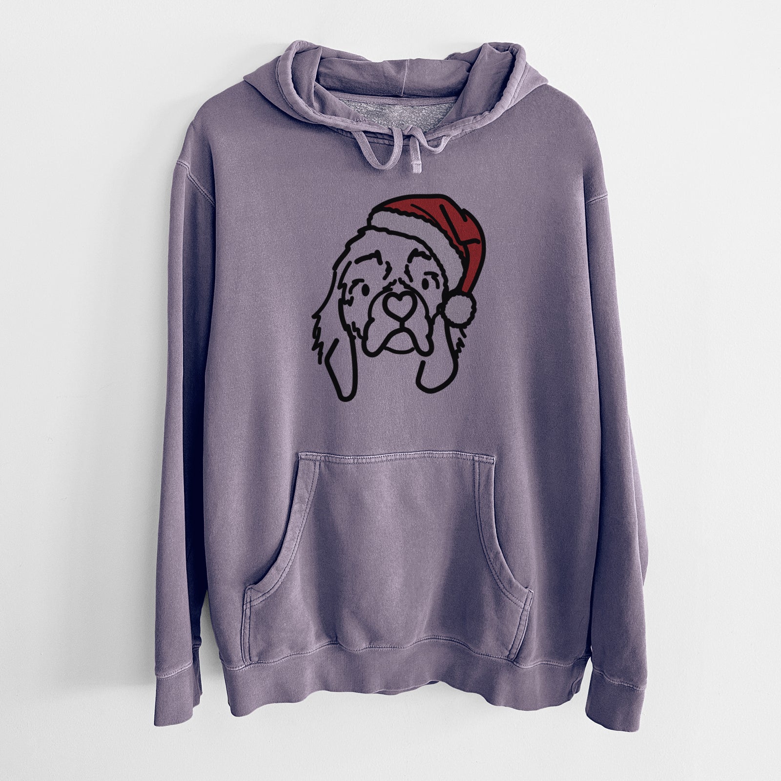 Minimalist line drawing of GiGi the Cocker Spaniel wearing a Santa hat on a Plum Unisex pigment dyed hoodie
