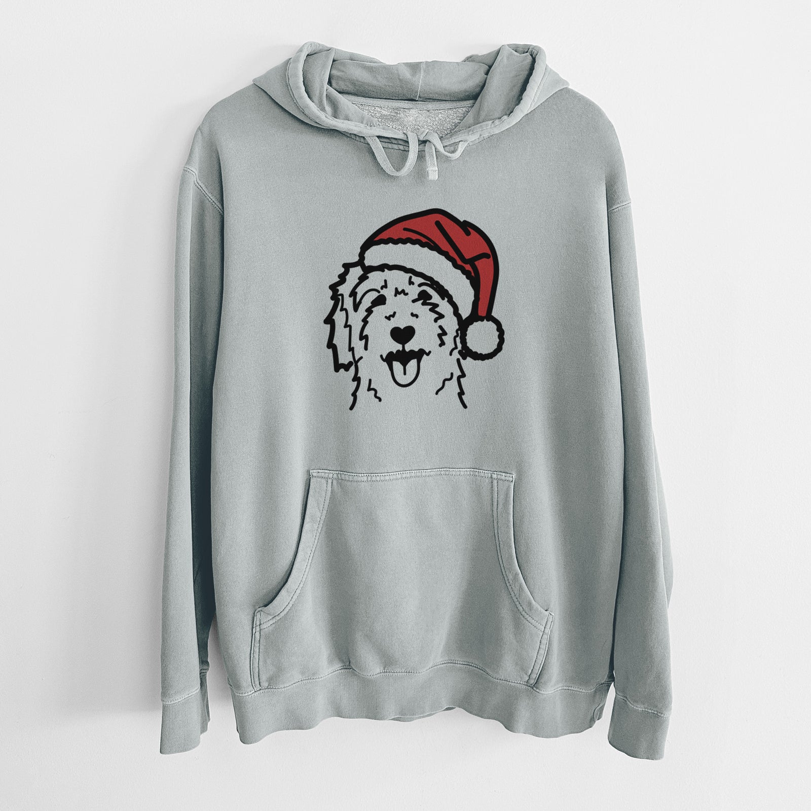 Minimalist line drawing of a Goldendoodle wearing a Santa hat on a Sage Unisex pigment dyed hoodie