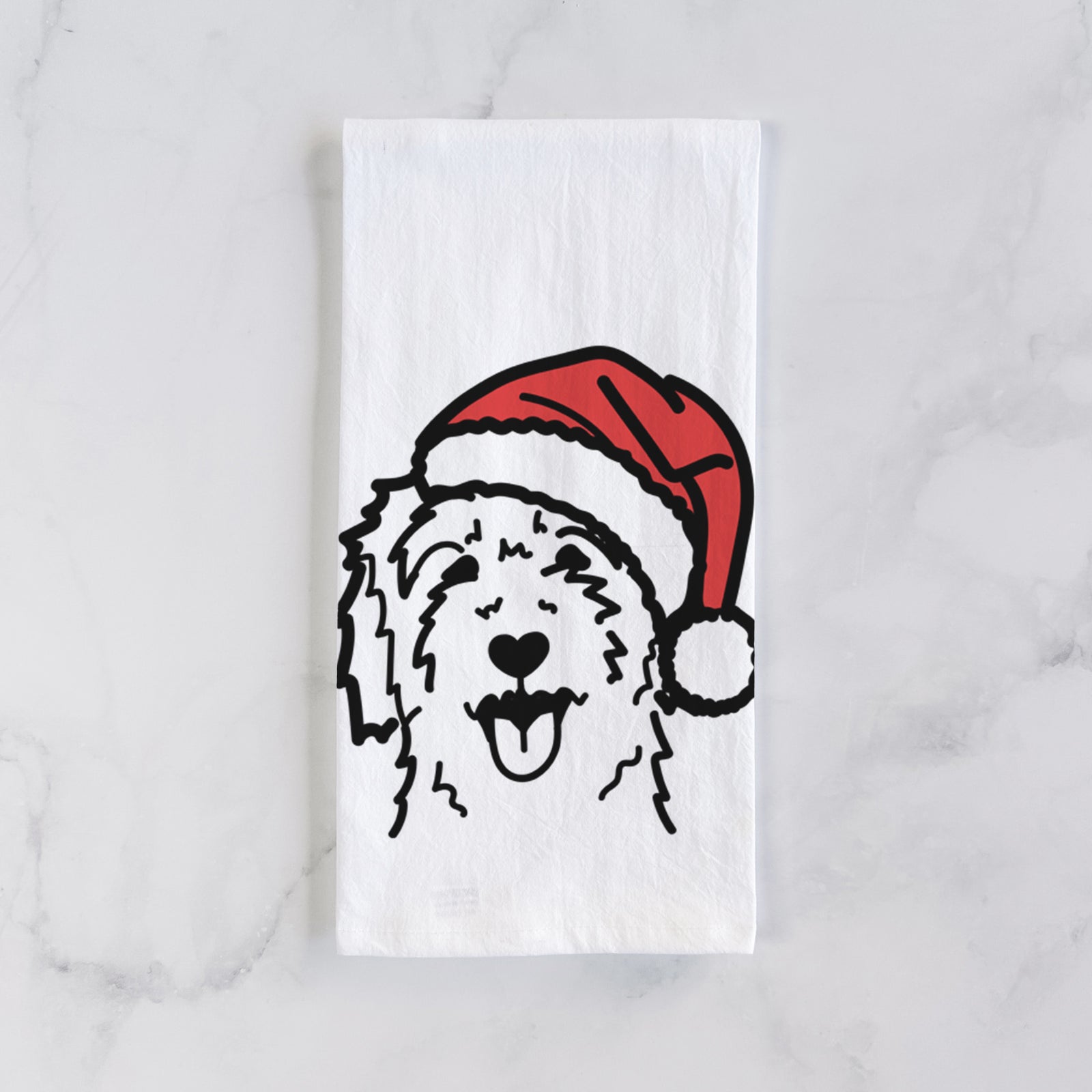 Minimalist line drawing of a Goldendoodle wearing a Santa hat on a tea towel