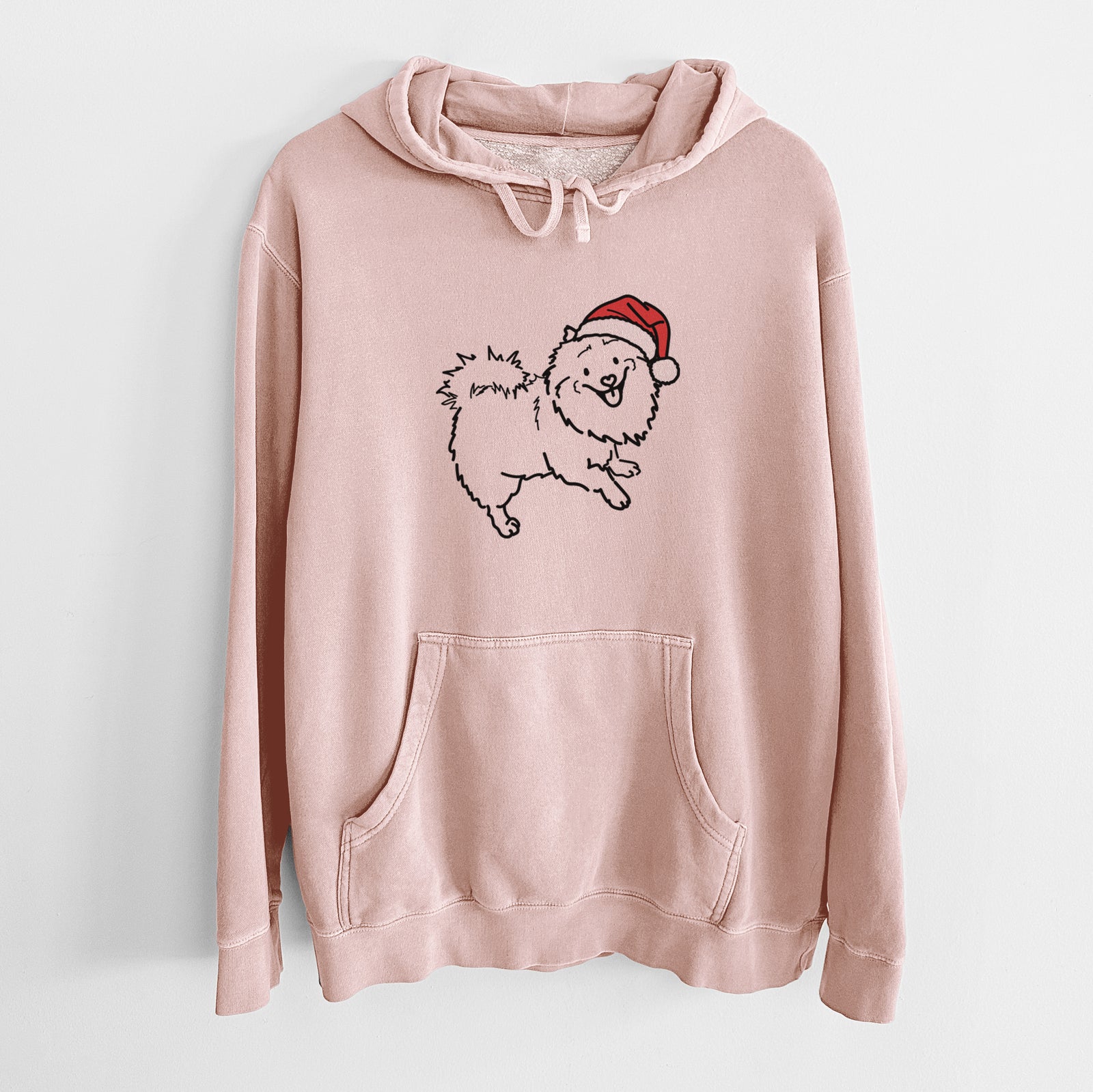 Minimalist line drawing of Goldie the Pomeranian Mix wearing a Santa hat on a Dusty Pink Unisex pigment dyed hoodie