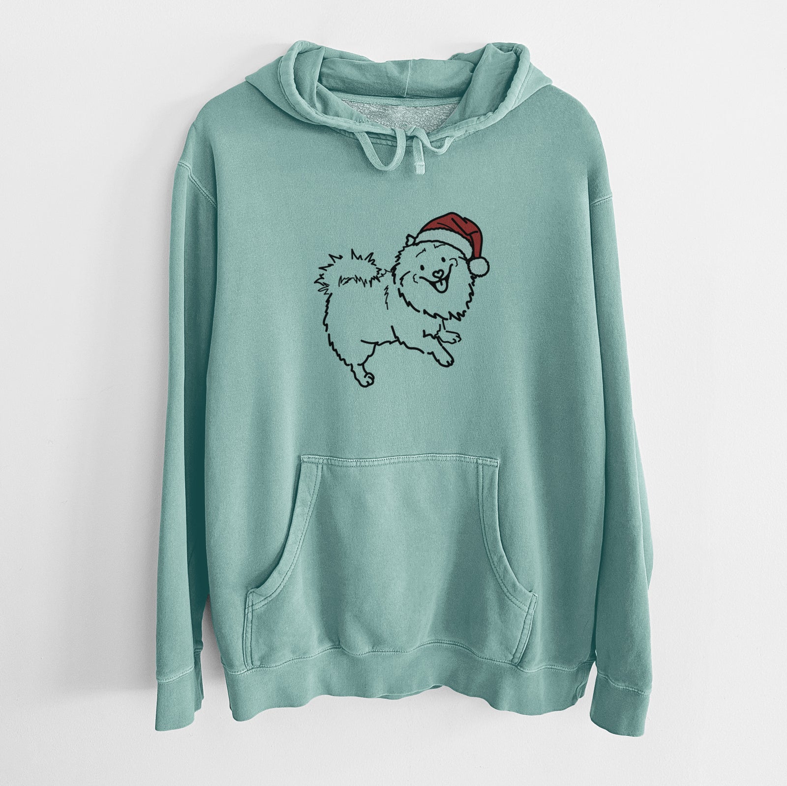 Minimalist line drawing of Goldie the Pomeranian Mix wearing a Santa hat on a Mint Unisex pigment dyed hoodie