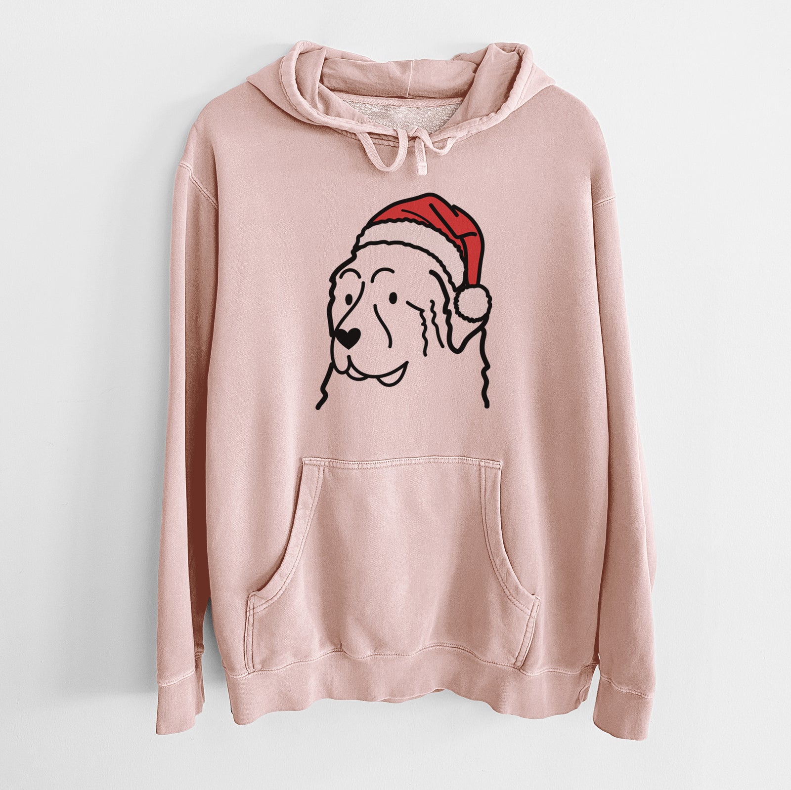 Minimalist line drawing of a Great Pyrenees wearing a Santa hat on a Dusty Pink Unisex pigment dyed hoodie
