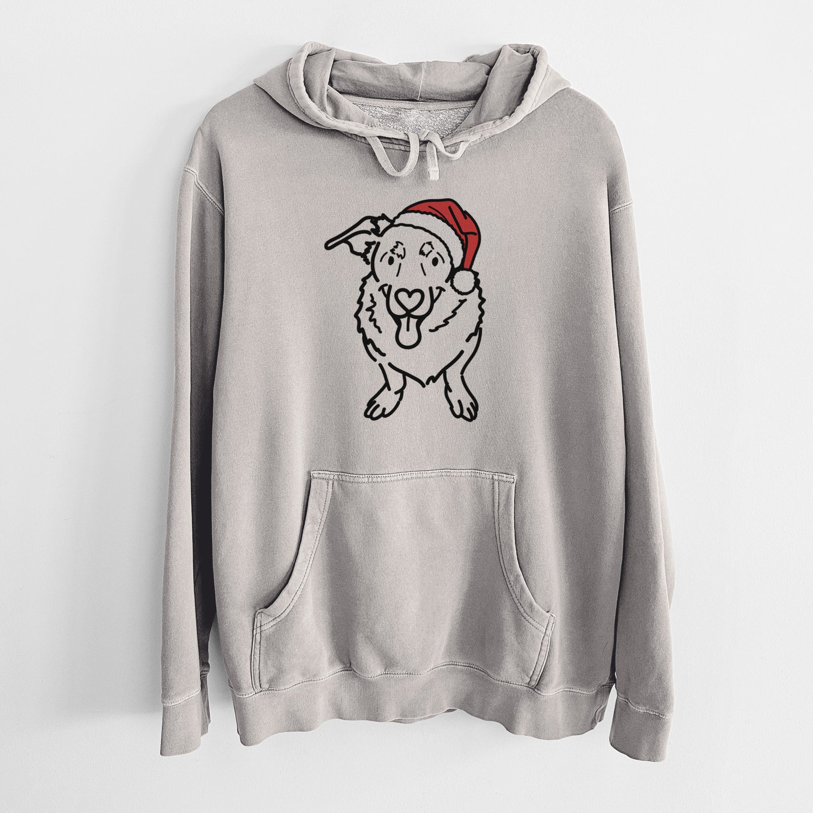 Minimalist line drawing of Gretchen the Basset Hound German Shepherd Mix wearing a Santa hat on a Cement Unisex pigment dyed hoodie