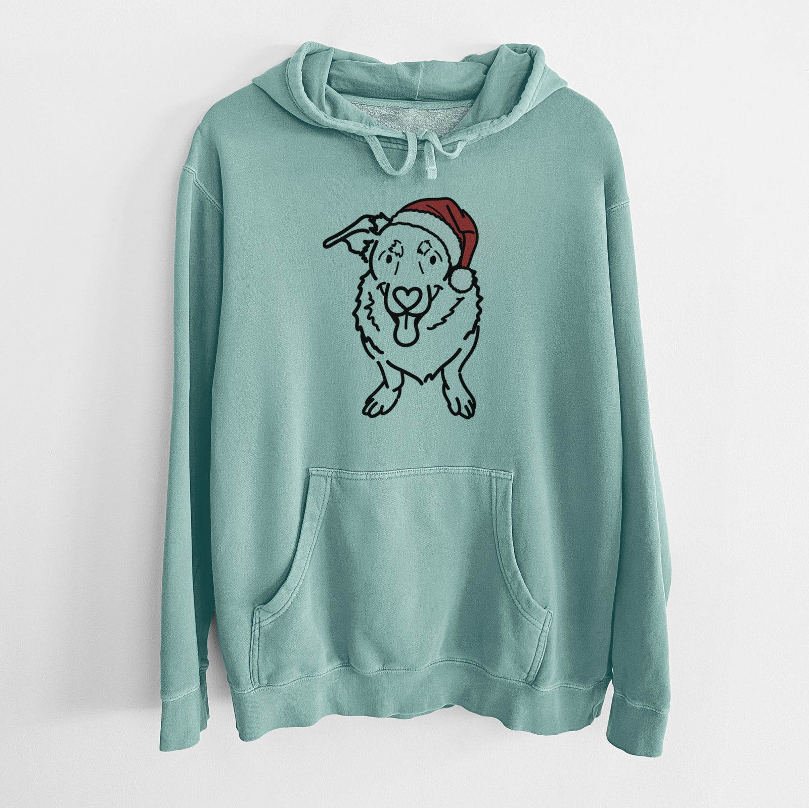 Minimalist line drawing of Gretchen the Basset Hound German Shepherd Mix wearing a Santa hat on a Mint Unisex pigment dyed hoodie