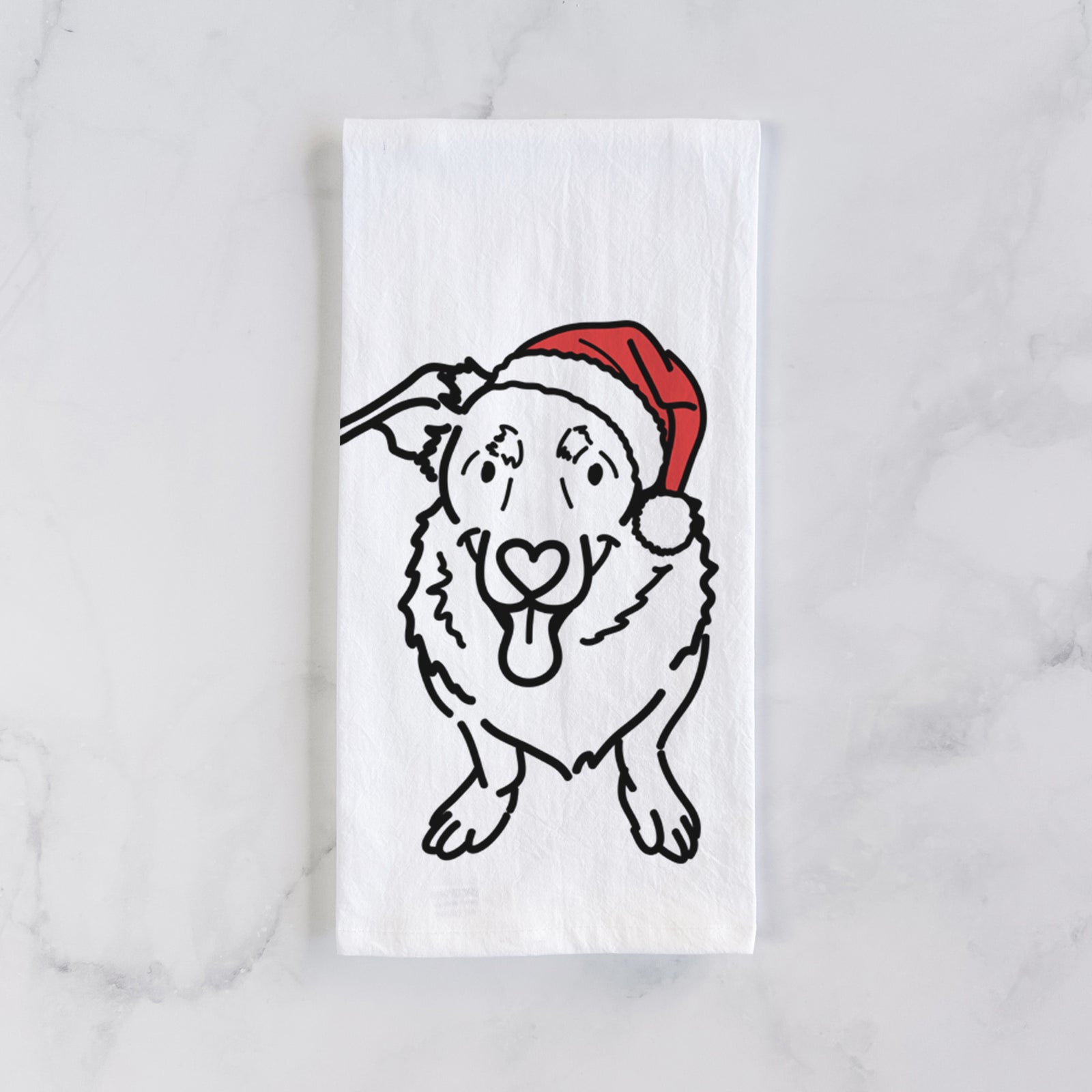 Minimalist line drawing of Gretchen the Basset Hound German Shepherd Mix wearing a Santa hat on a tea towel