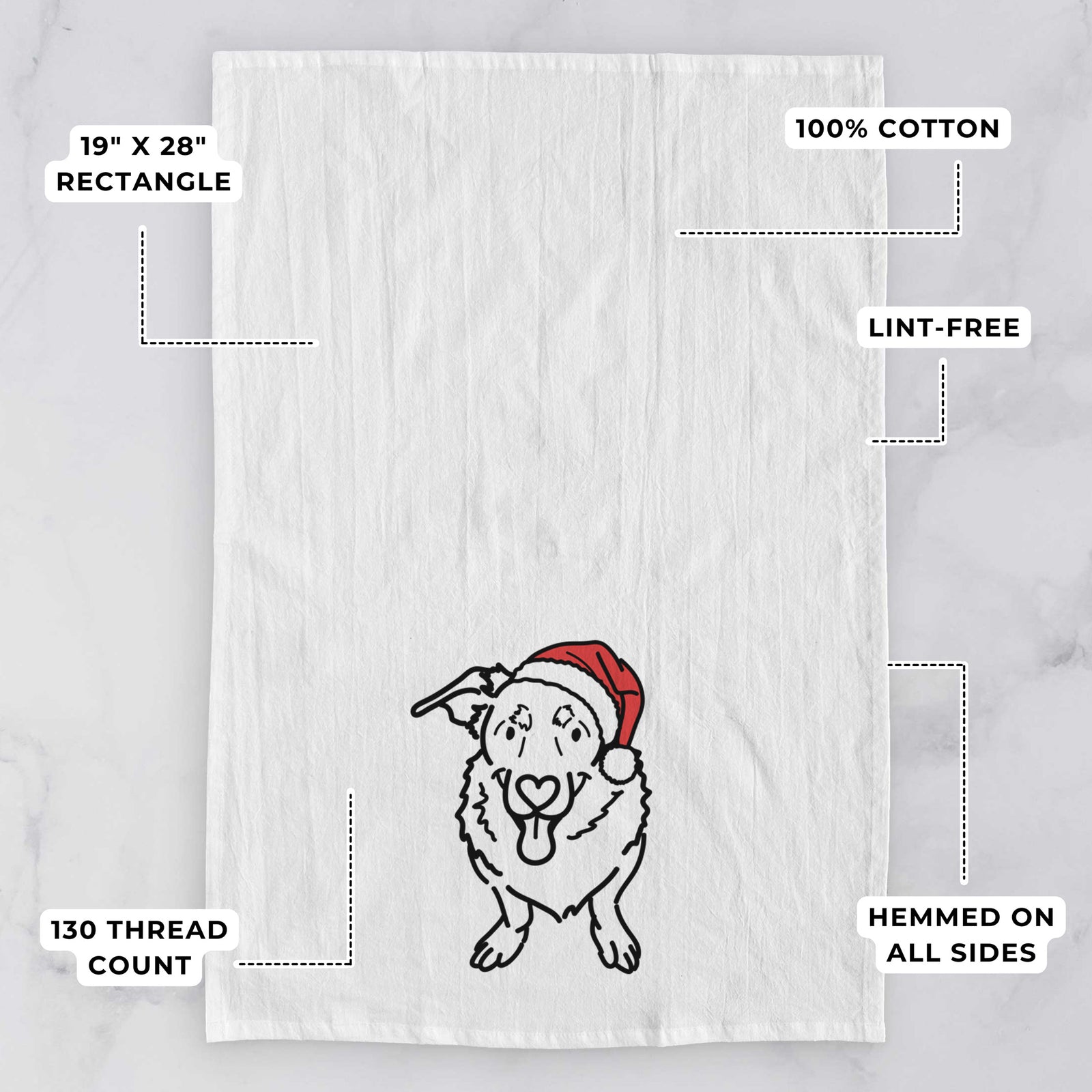 Minimalist line drawing of Gretchen the Basset Hound German Shepherd Mix wearing a Santa hat on a tea towel, with feature callouts: 19 x 28 inch rectangle, 100% cotton, lint-free, 120 thread count, hemmed on all sides