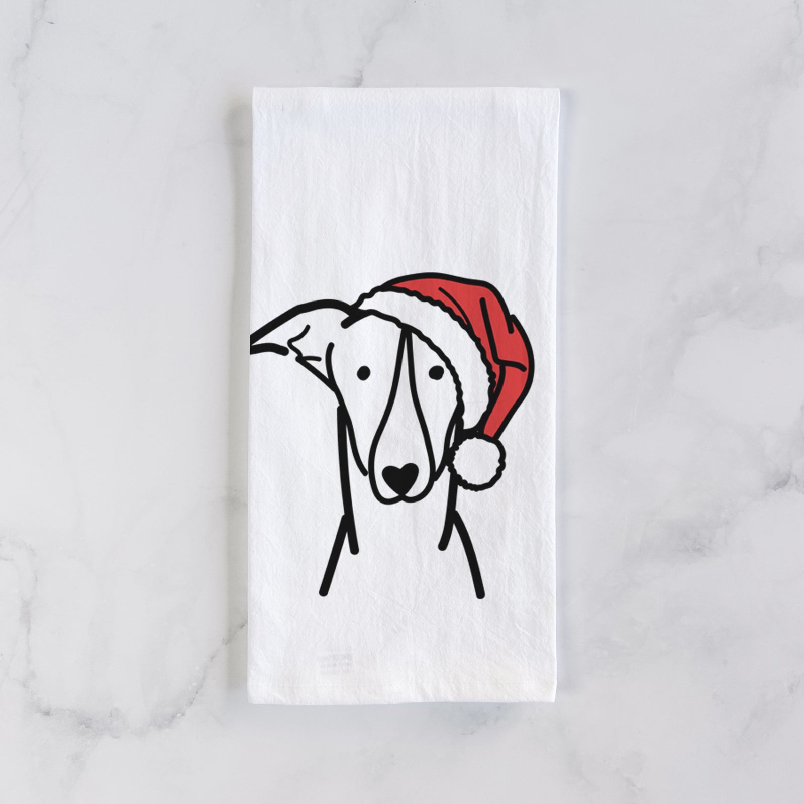 Minimalist line drawing of a Greyhound wearing a Santa hat on a tea towel