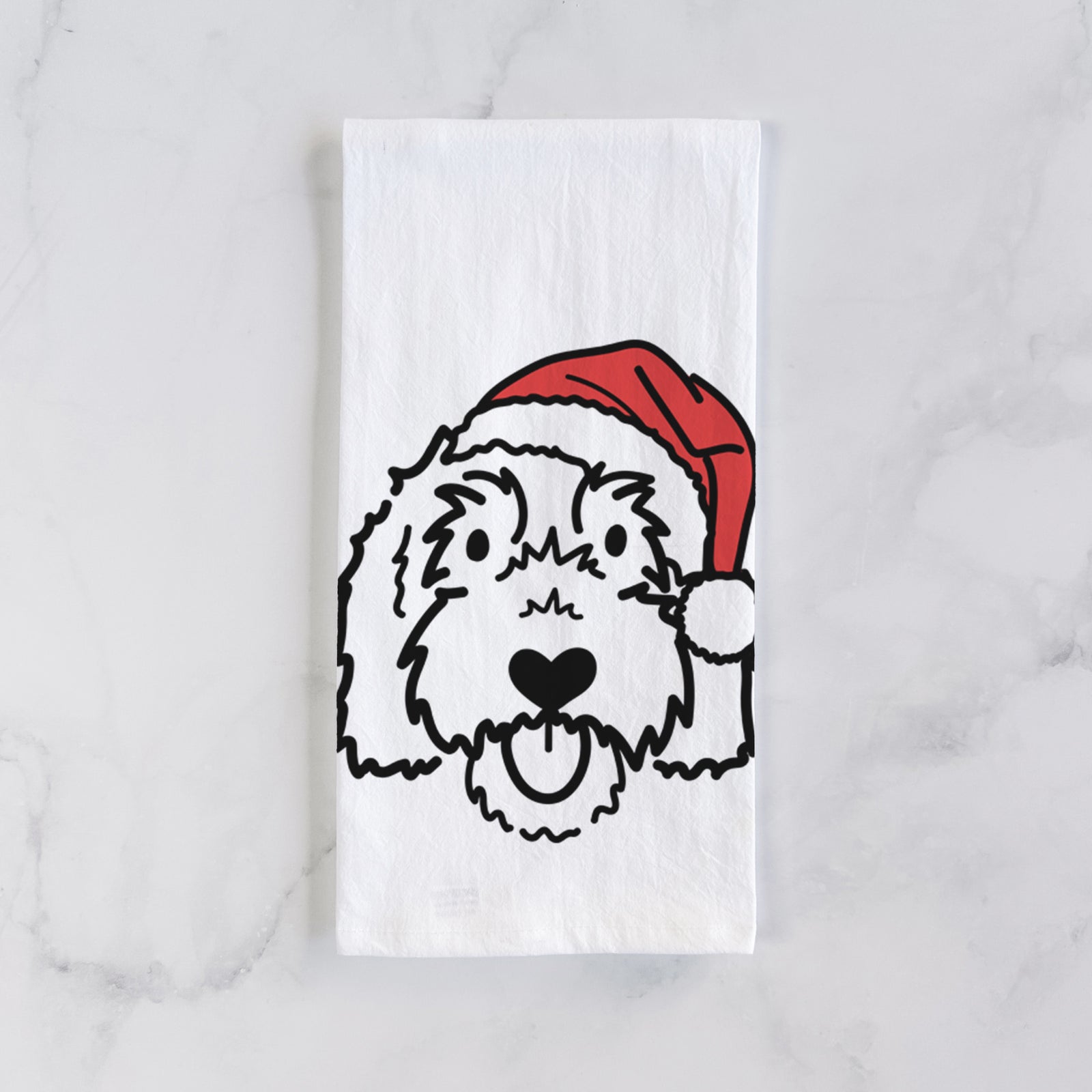 Minimalist line drawing of Gus the Goldendoodle wearing a Santa hat on a tea towel