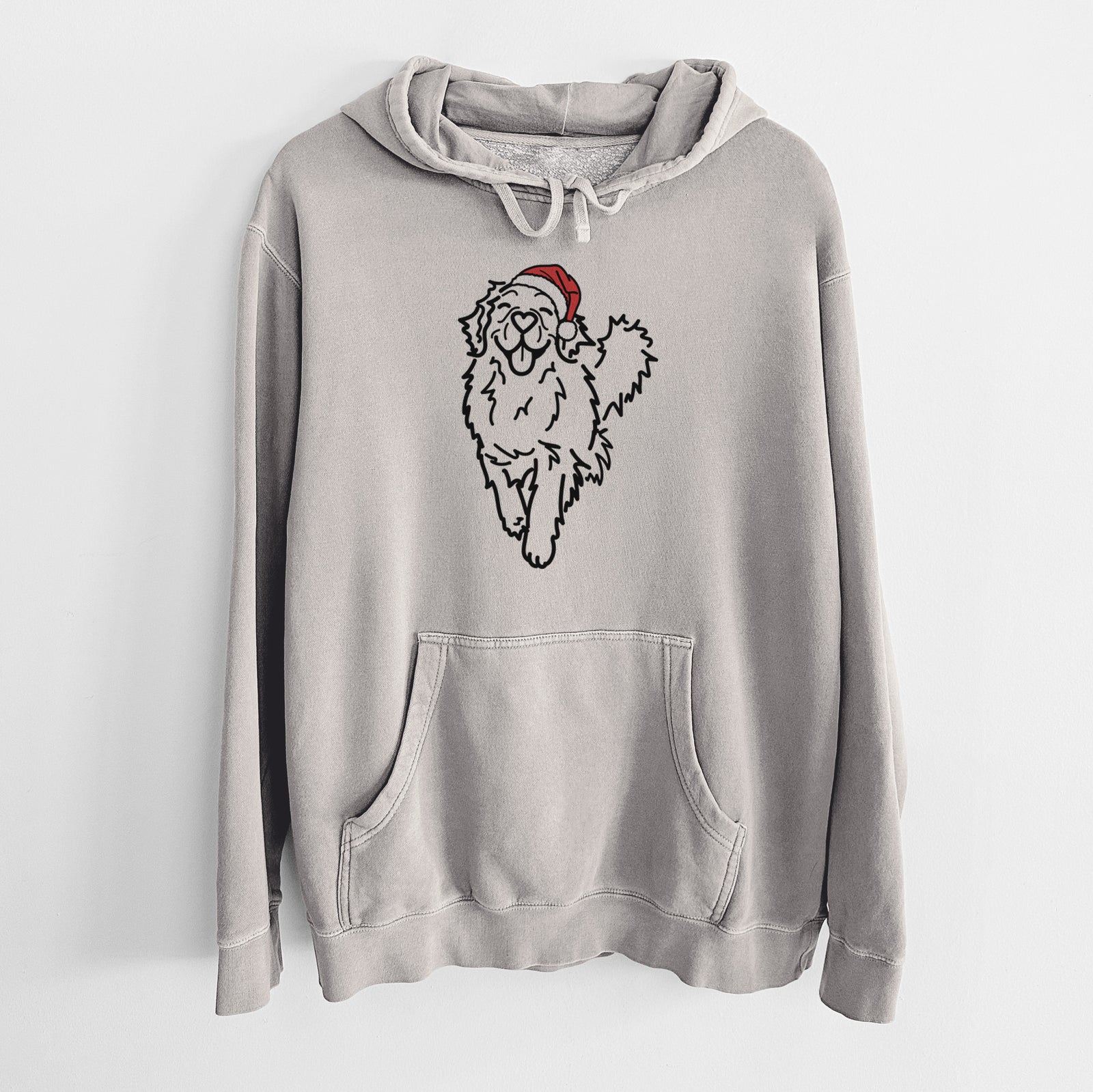 Minimalist line drawing of Hamlet the Golden Retriever wearing a Santa hat on a Cement Unisex pigment dyed hoodie