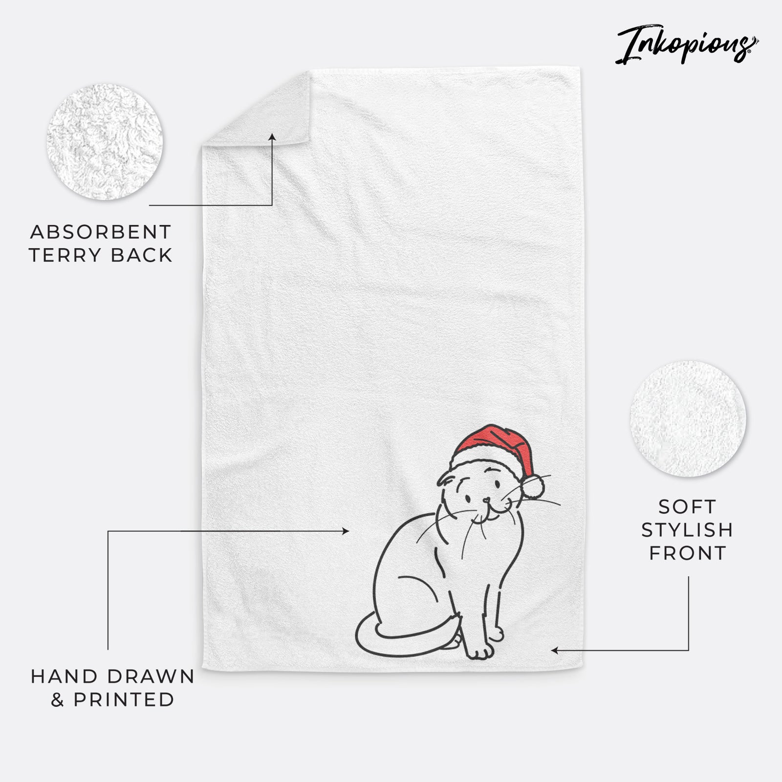 Minimalist line drawing of Hank the Scottish Fold Cat wearing a Santa hat on a hand towel