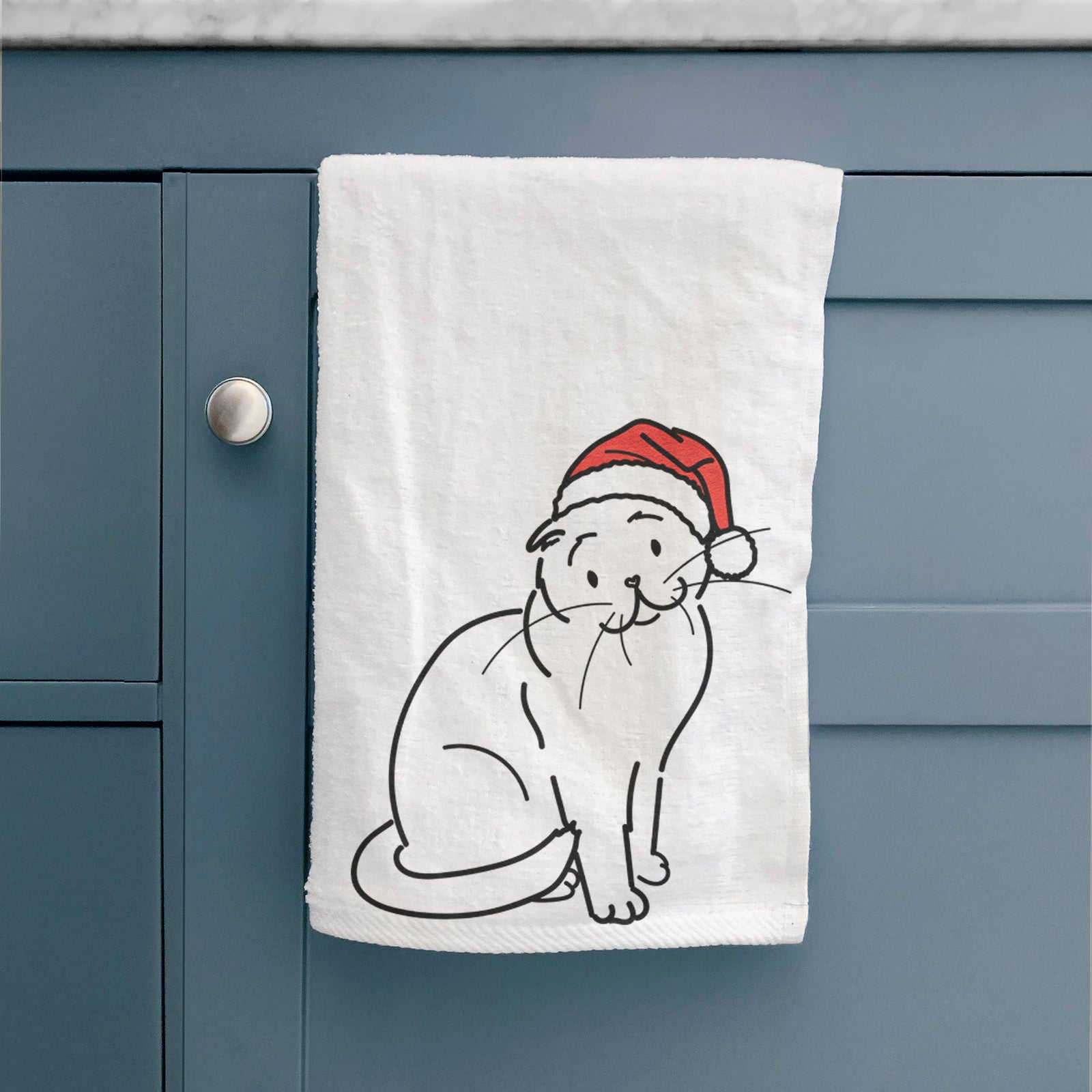 Minimalist line drawing of Hank the Scottish Fold Cat wearing a Santa hat on a hand towel