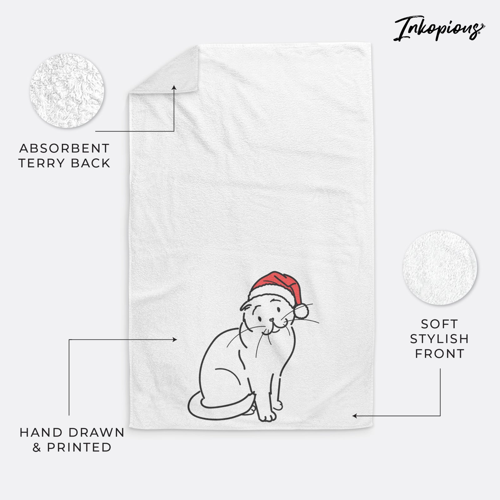 Minimalist line drawing of Hank the Scottish Fold Cat wearing a Santa hat on a hand towel