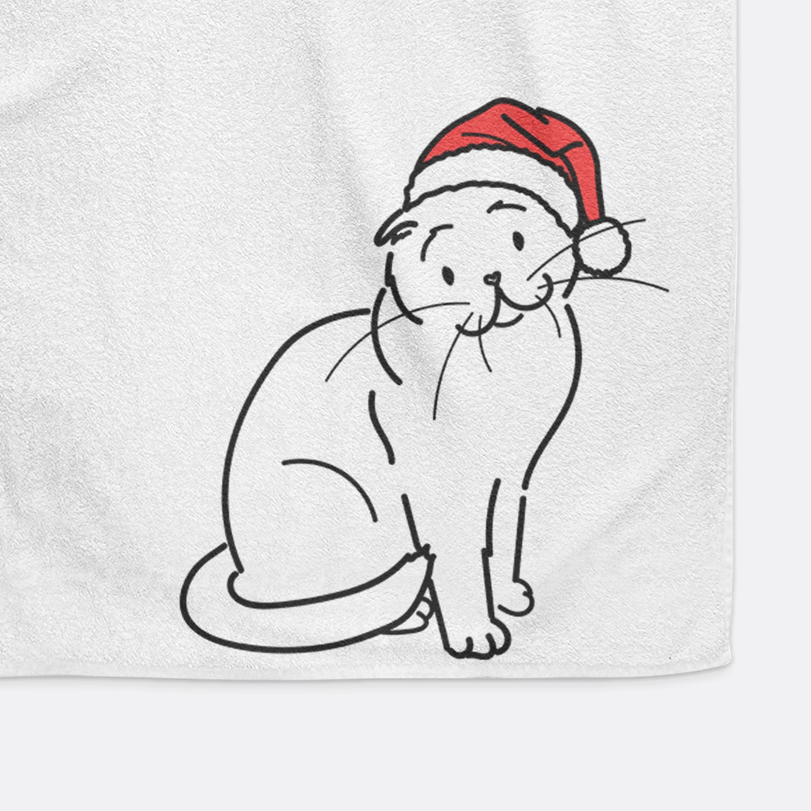 Minimalist line drawing of Hank the Scottish Fold Cat wearing a Santa hat on a hand towel