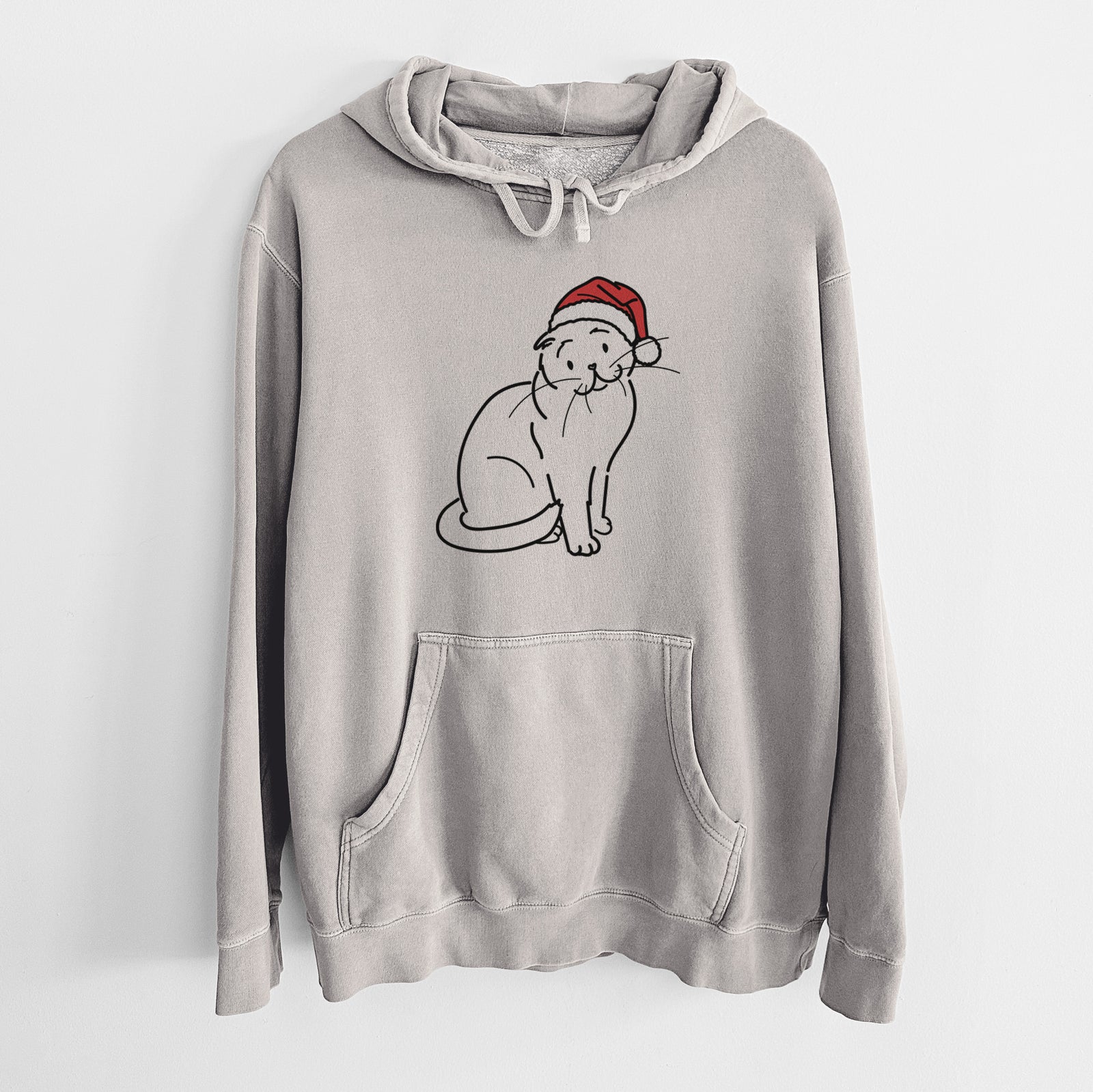 Minimalist line drawing of Hank the Scottish Fold Cat wearing a Santa hat on a Cement Unisex pigment dyed hoodie