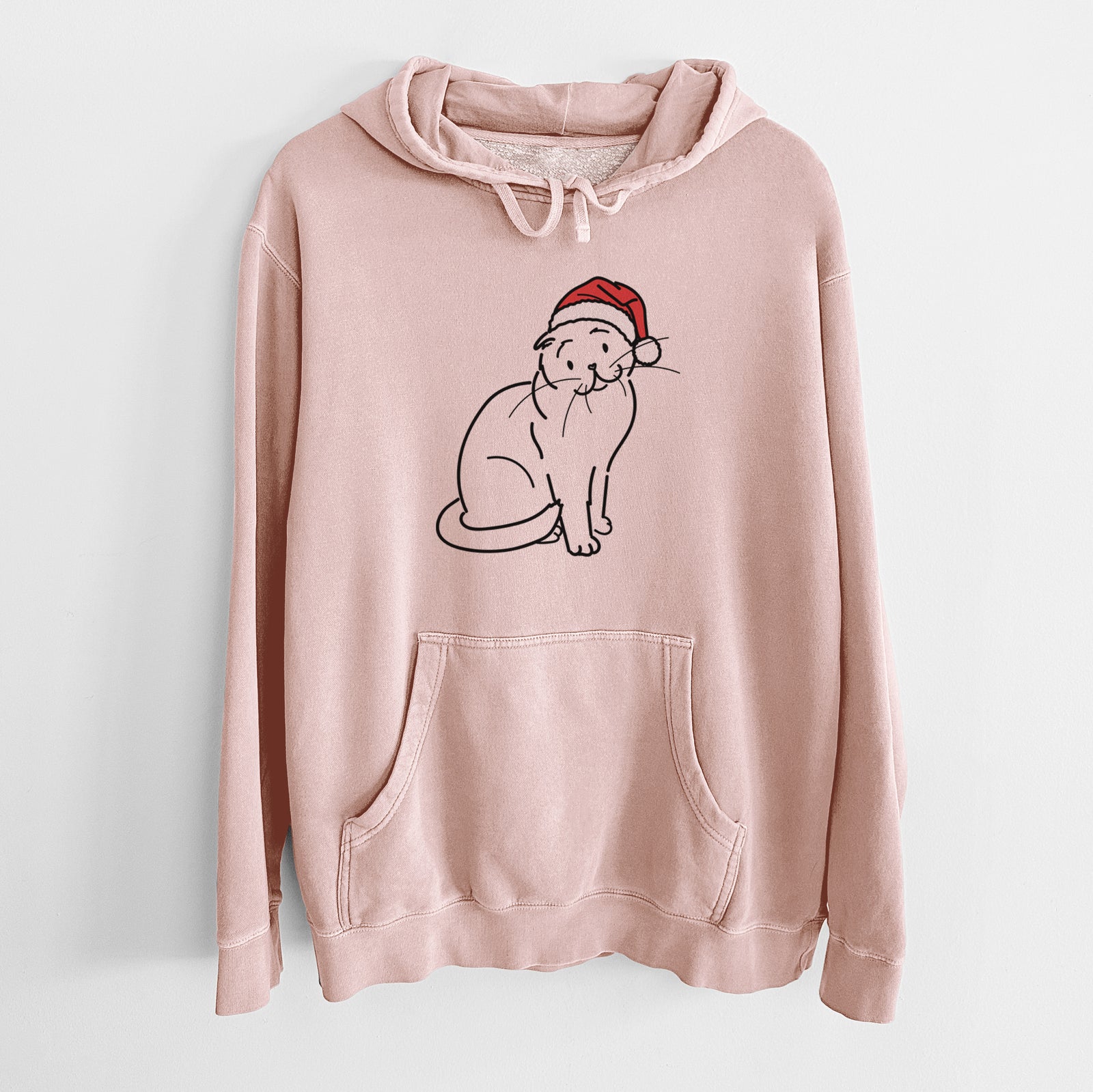 Minimalist line drawing of Hank the Scottish Fold Cat wearing a Santa hat on a Dusty Pink Unisex pigment dyed hoodie