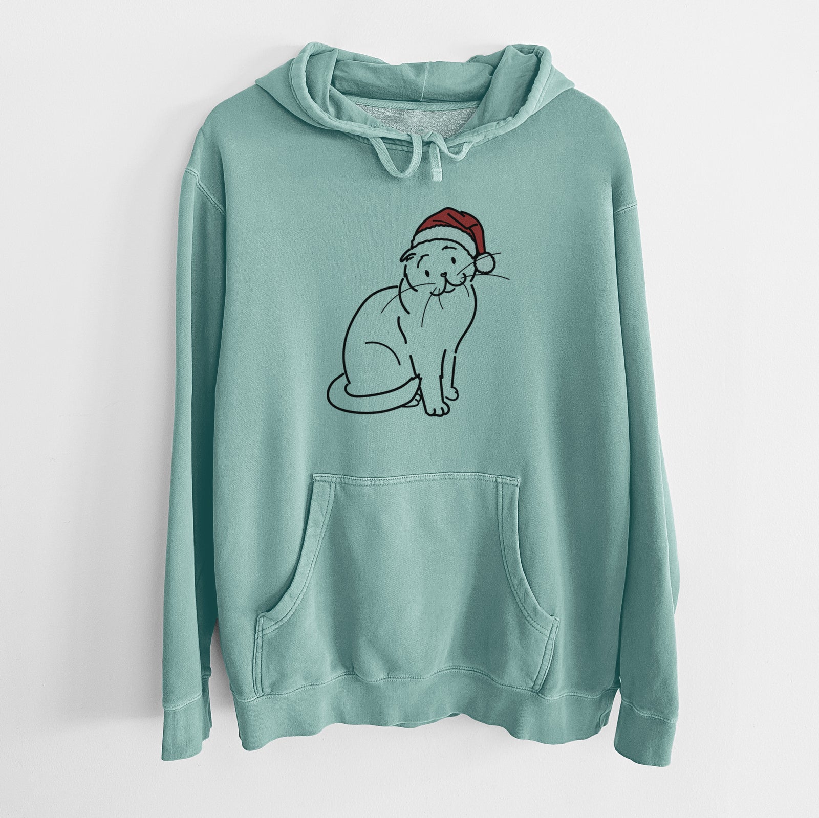 Minimalist line drawing of Hank the Scottish Fold Cat wearing a Santa hat on a Mint Unisex pigment dyed hoodie