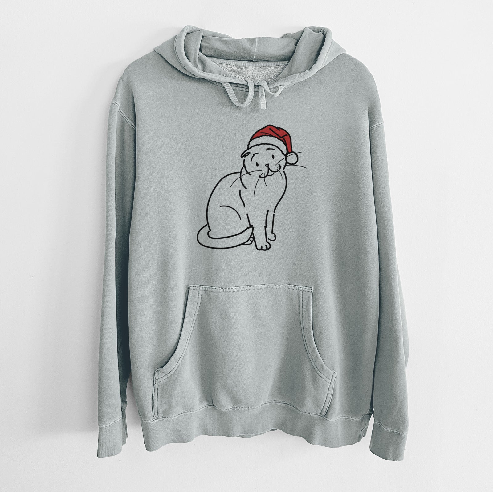 Minimalist line drawing of Hank the Scottish Fold Cat wearing a Santa hat on a Sage Unisex pigment dyed hoodie