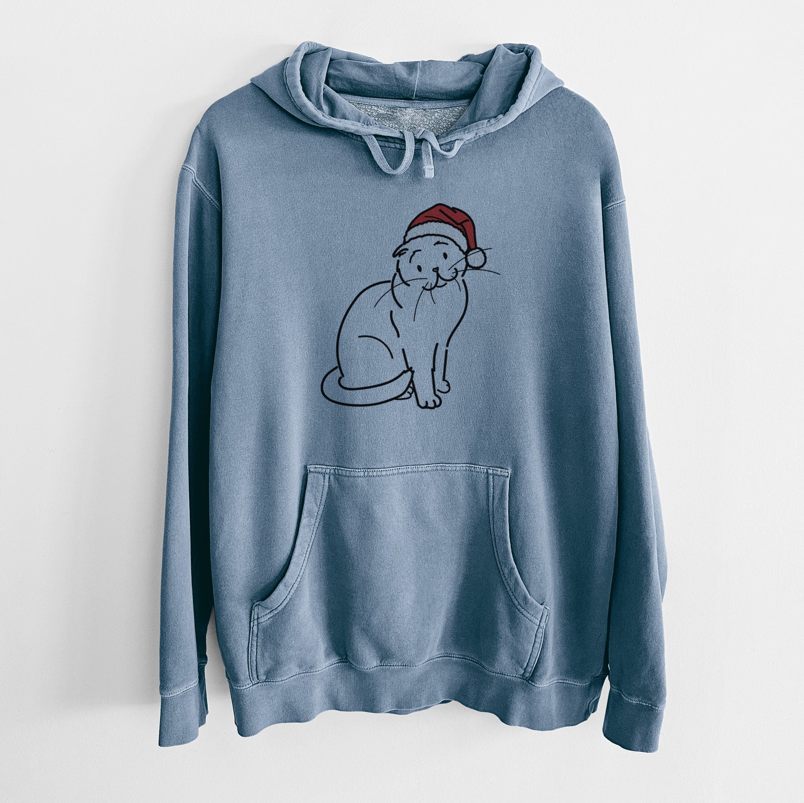 Minimalist line drawing of Hank the Scottish Fold Cat wearing a Santa hat on a Slate Blue Unisex pigment dyed hoodie