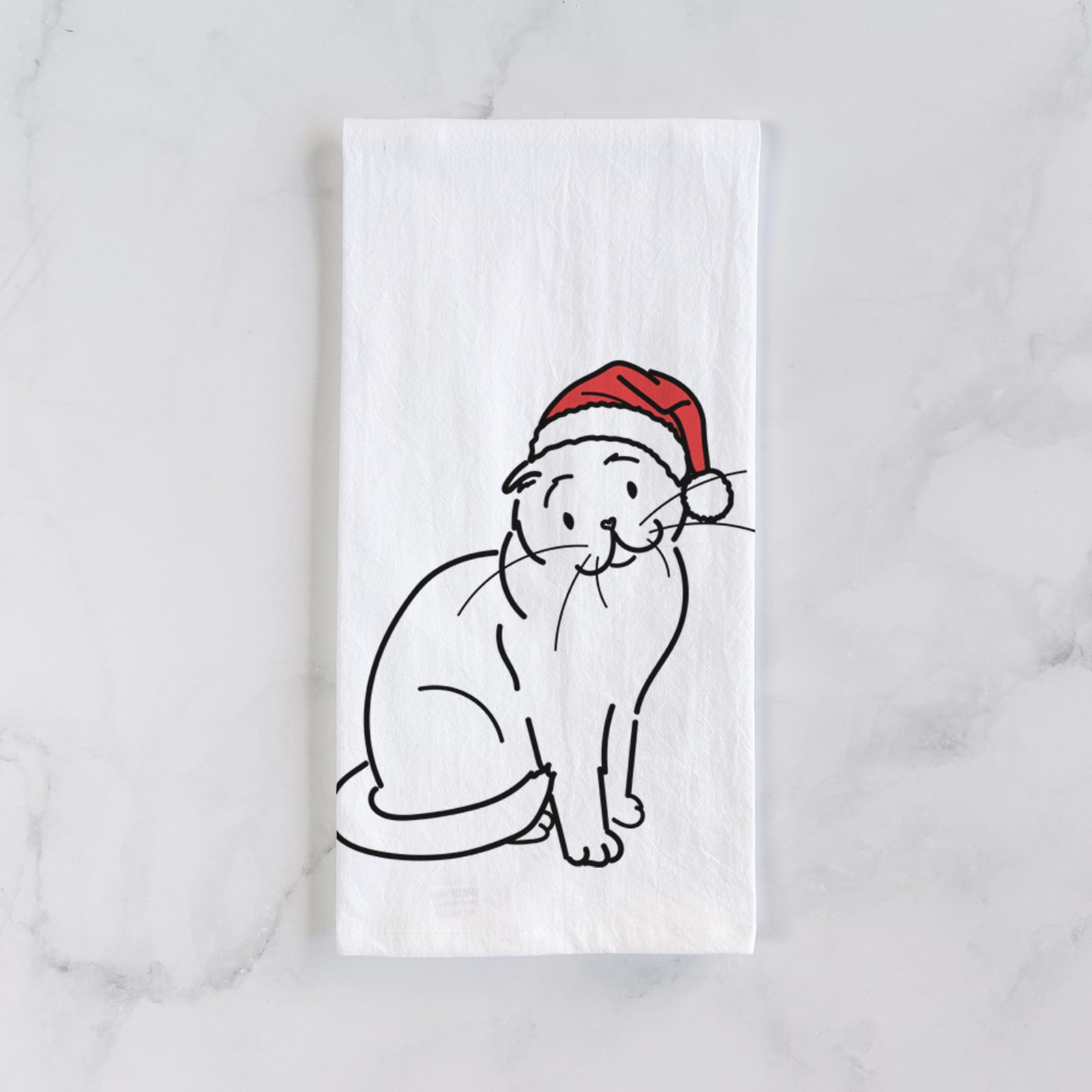 Minimalist line drawing of Hank the Scottish Fold Cat wearing a Santa hat on a tea towel