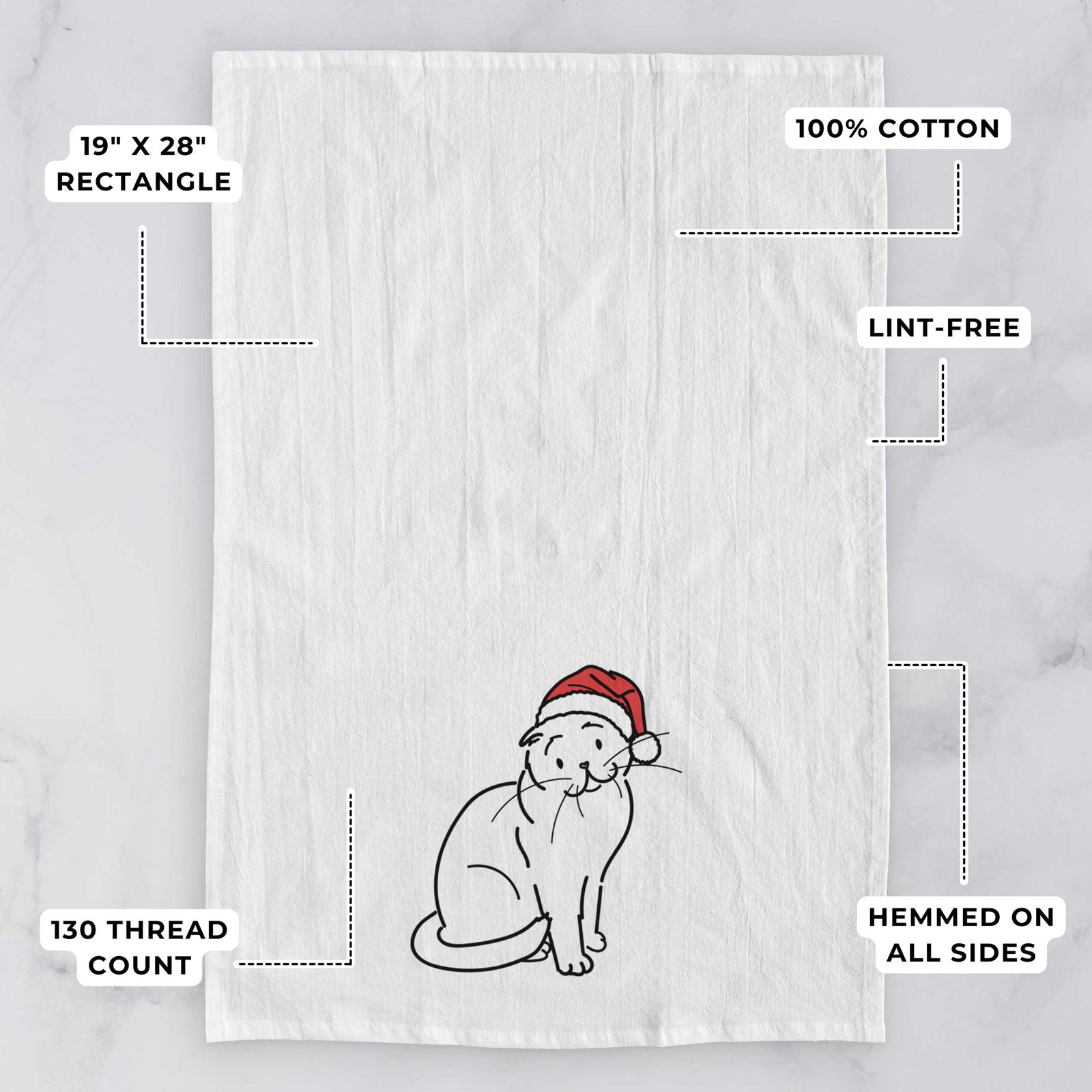 Minimalist line drawing of Hank the Scottish Fold Cat wearing a Santa hat on a tea towel, with feature callouts: 19 x 28 inch rectangle, 100% cotton, lint-free, 120 thread count, hemmed on all sides