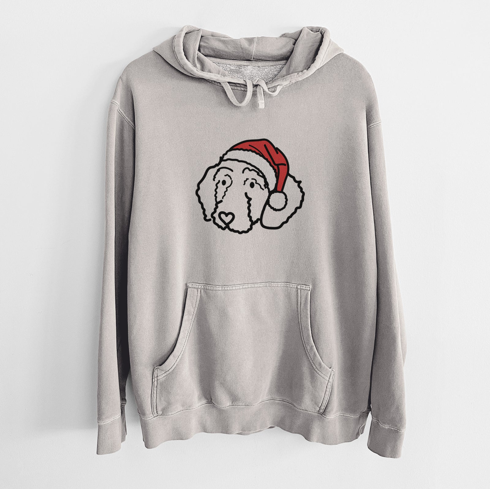 Minimalist line drawing of Hanna the Goldendoodle wearing a Santa hat on a Cement Unisex pigment dyed hoodie
