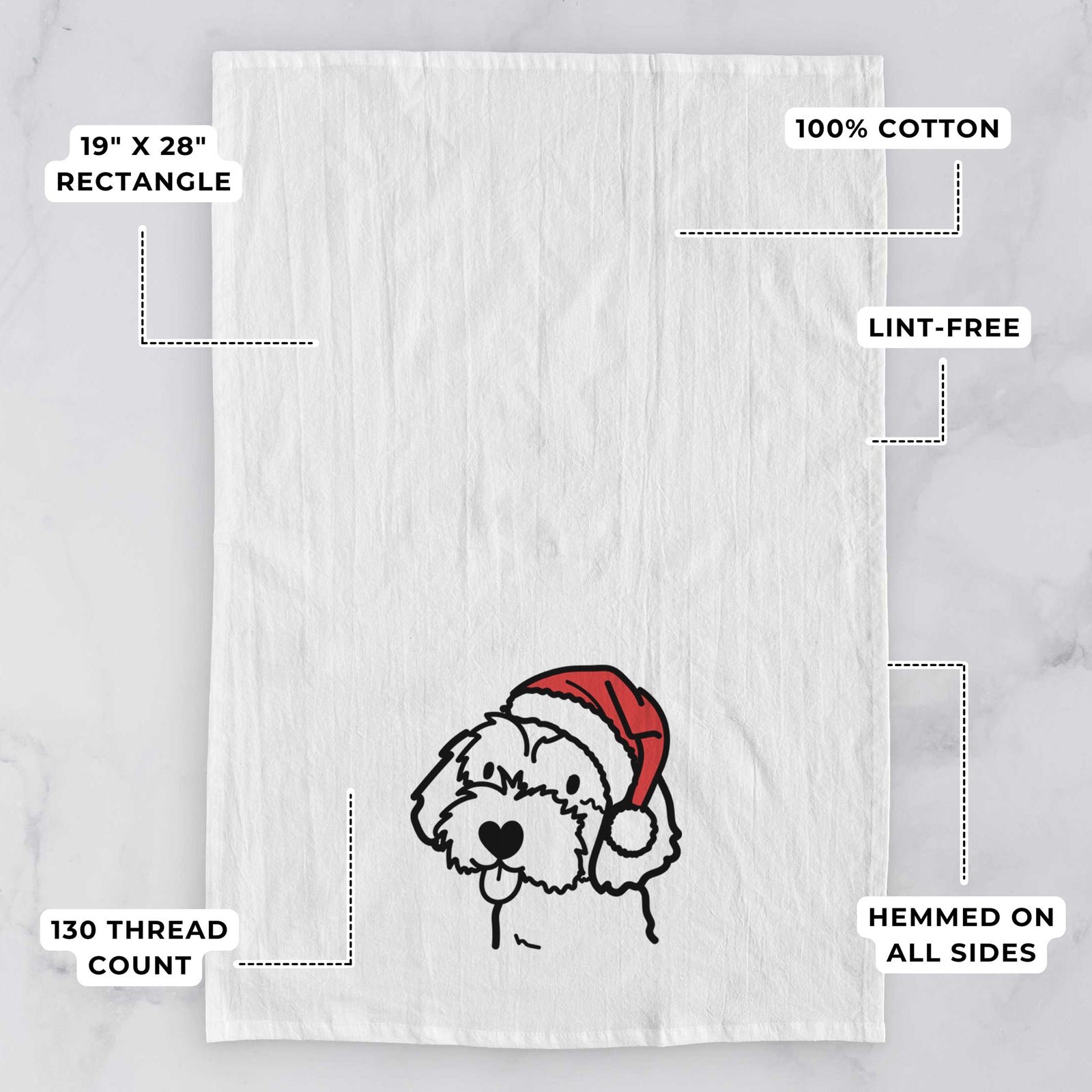 Minimalist line drawing of a Havapoo wearing a Santa hat on a tea towel, with feature callouts: 19 x 28 inch rectangle, 100% cotton, lint-free, 120 thread count, hemmed on all sides