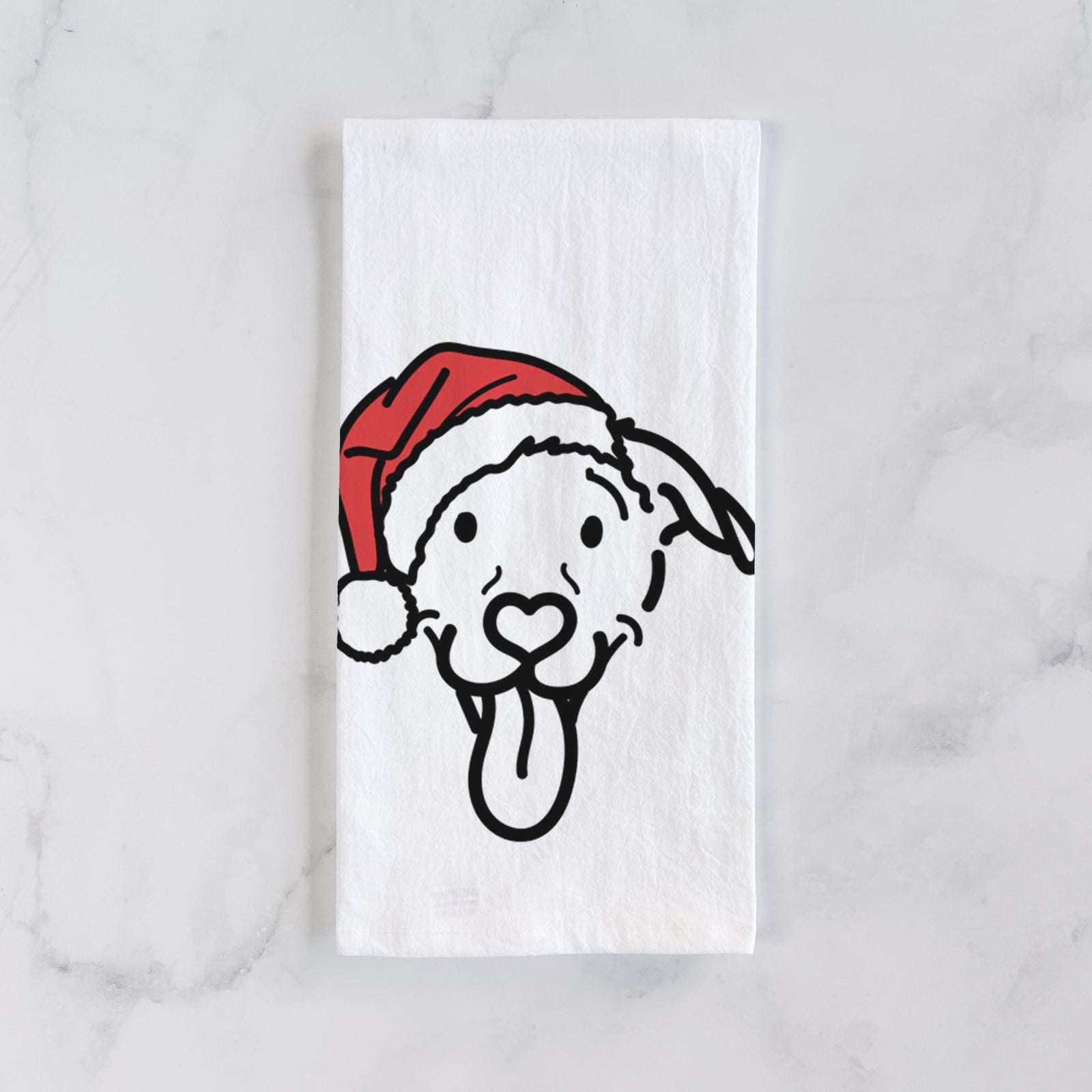 Minimalist line drawing of Hemi the Pitbull Mix wearing a Santa hat on a tea towel
