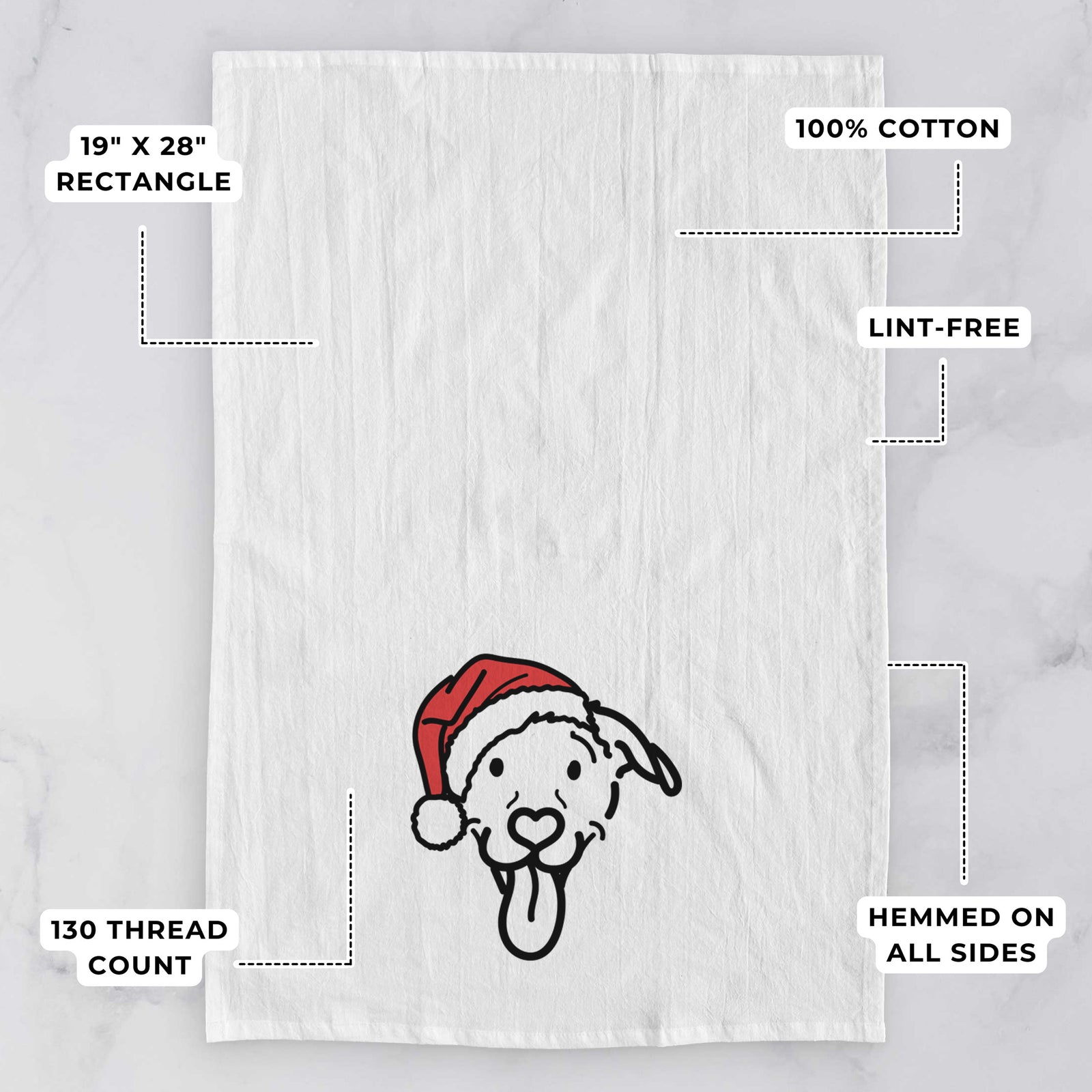 Minimalist line drawing of Hemi the Pitbull Mix wearing a Santa hat on a tea towel, with feature callouts: 19 x 28 inch rectangle, 100% cotton, lint-free, 120 thread count, hemmed on all sides