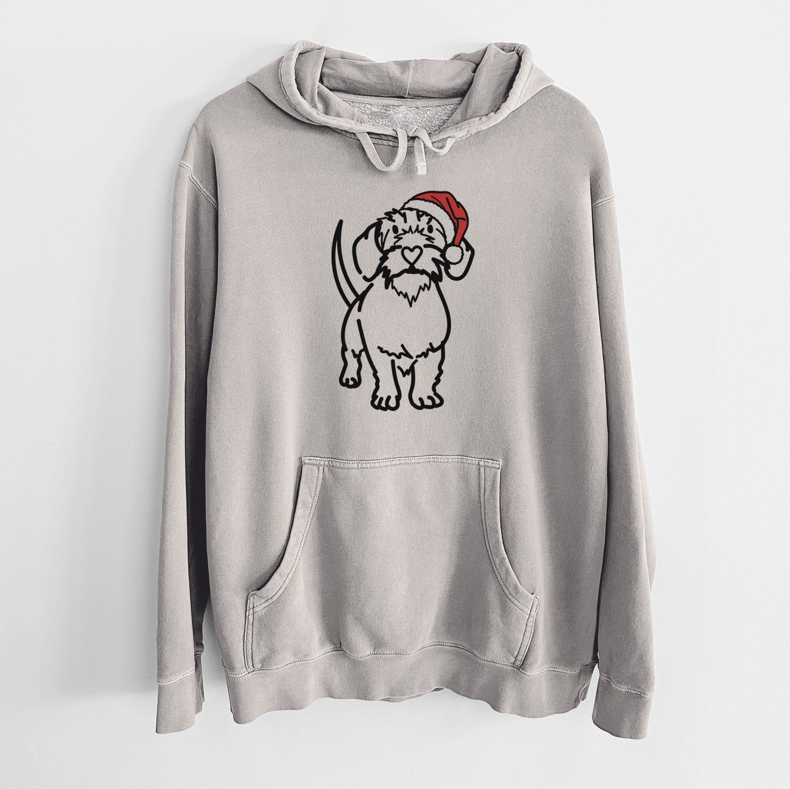 Minimalist line drawing of Henry the Wire Dachshund wearing a Santa hat on a Cement Unisex pigment dyed hoodie