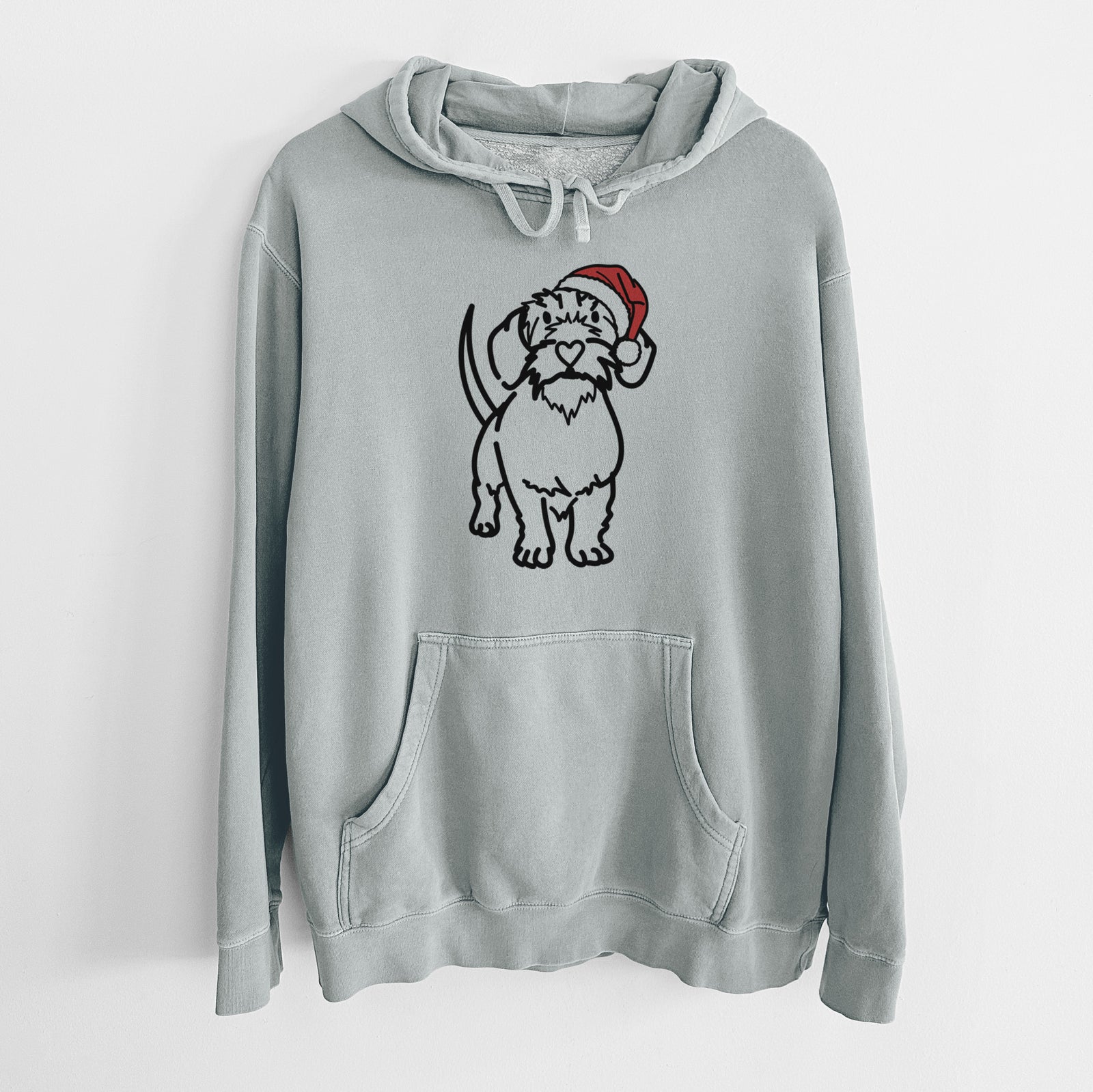 Minimalist line drawing of Henry the Wire Dachshund wearing a Santa hat on a Sage Unisex pigment dyed hoodie