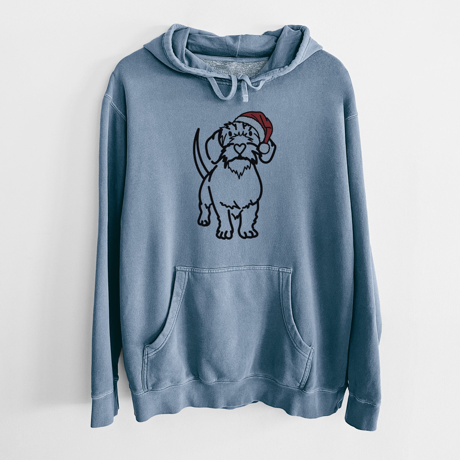 Minimalist line drawing of Henry the Wire Dachshund wearing a Santa hat on a Slate Blue Unisex pigment dyed hoodie