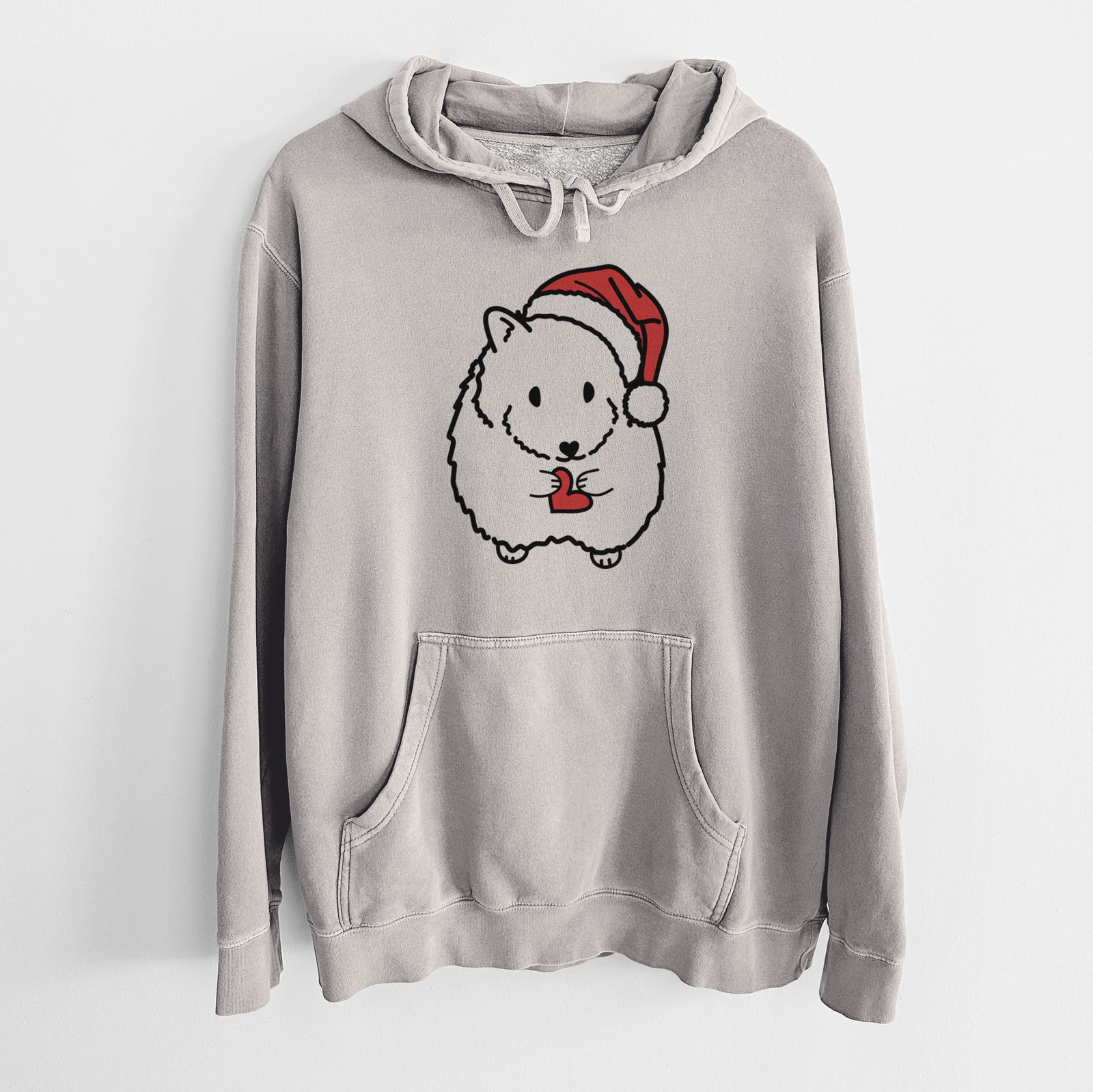 Minimalist line drawing of Hilga the Hamster wearing a Santa hat on a Cement Unisex pigment dyed hoodie