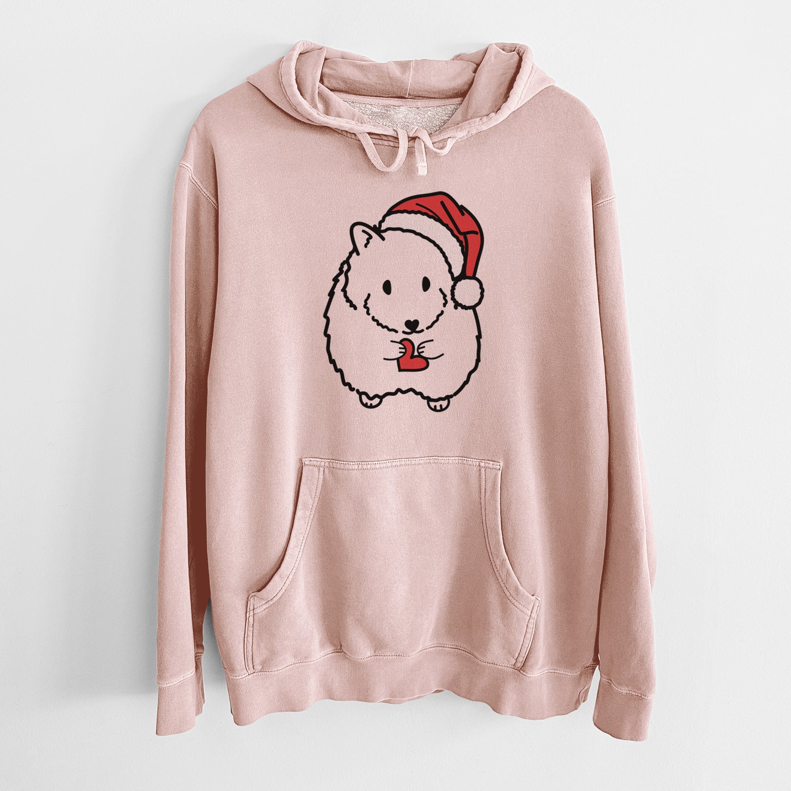 Minimalist line drawing of Hilga the Hamster wearing a Santa hat on a Dusty Pink Unisex pigment dyed hoodie