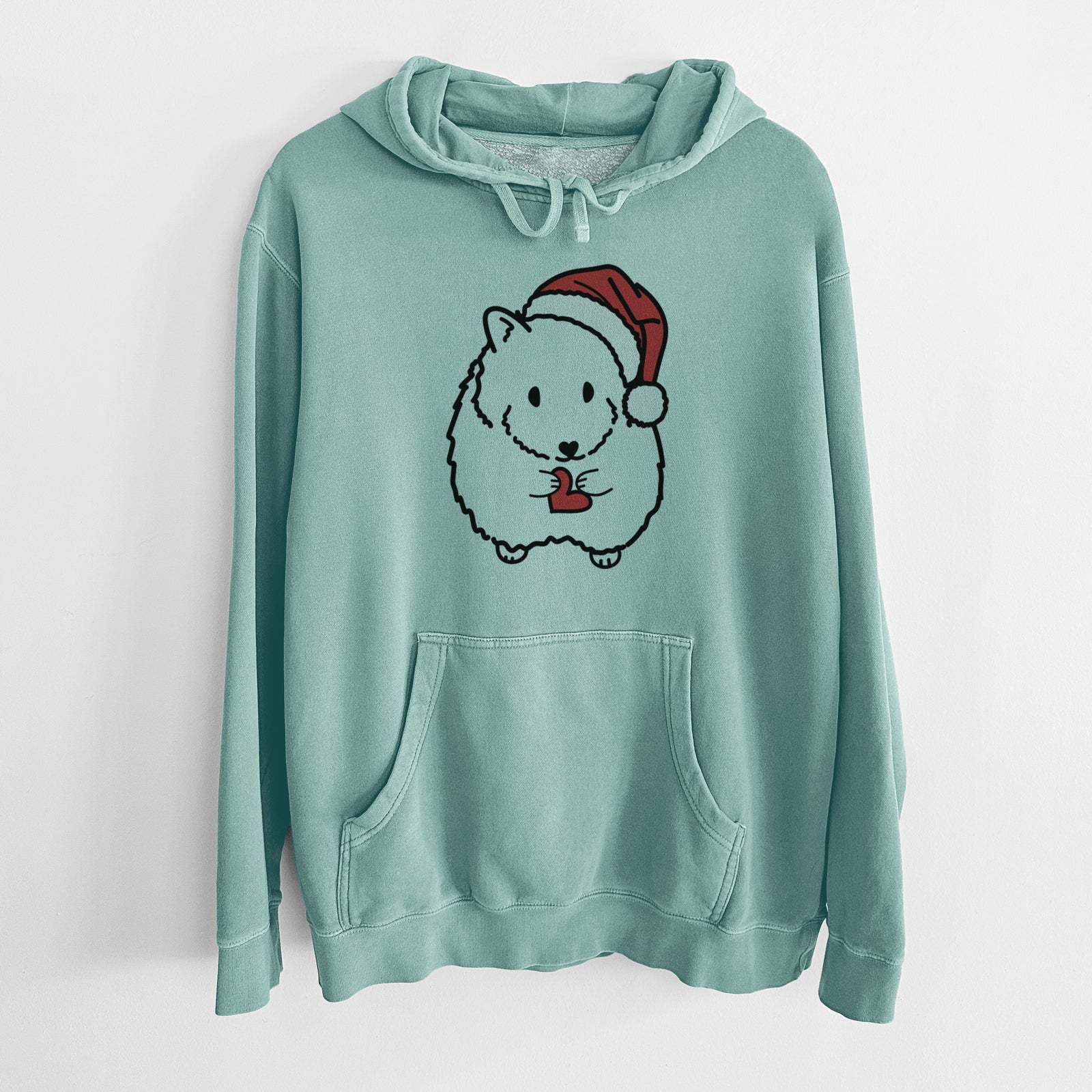 Minimalist line drawing of Hilga the Hamster wearing a Santa hat on a Mint Unisex pigment dyed hoodie