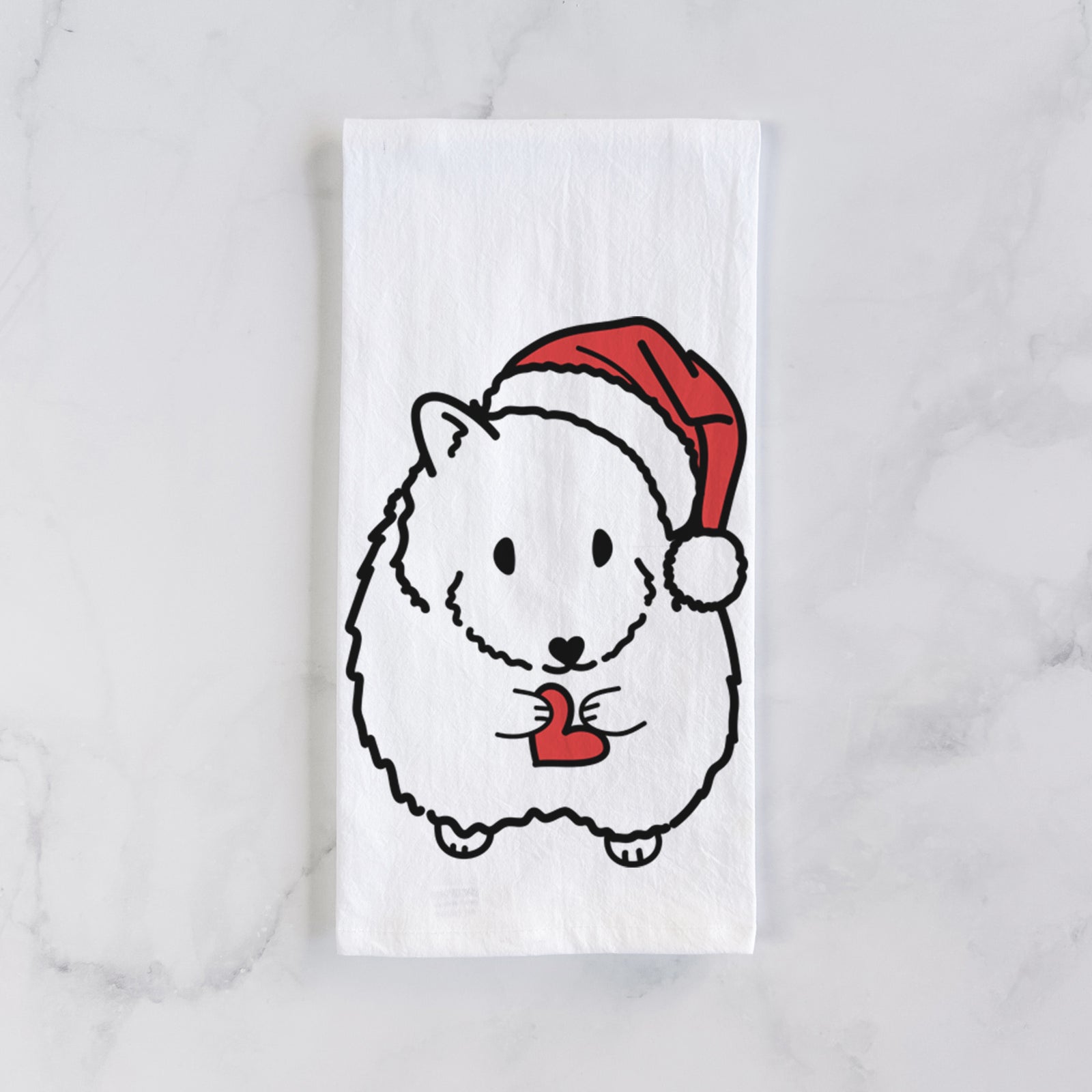 Minimalist line drawing of Hilga the Hamster wearing a Santa hat on a tea towel