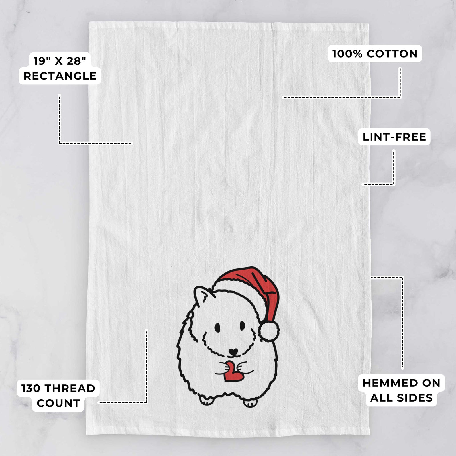 Minimalist line drawing of Hilga the Hamster wearing a Santa hat on a tea towel, with feature callouts: 19 x 28 inch rectangle, 100% cotton, lint-free, 120 thread count, hemmed on all sides