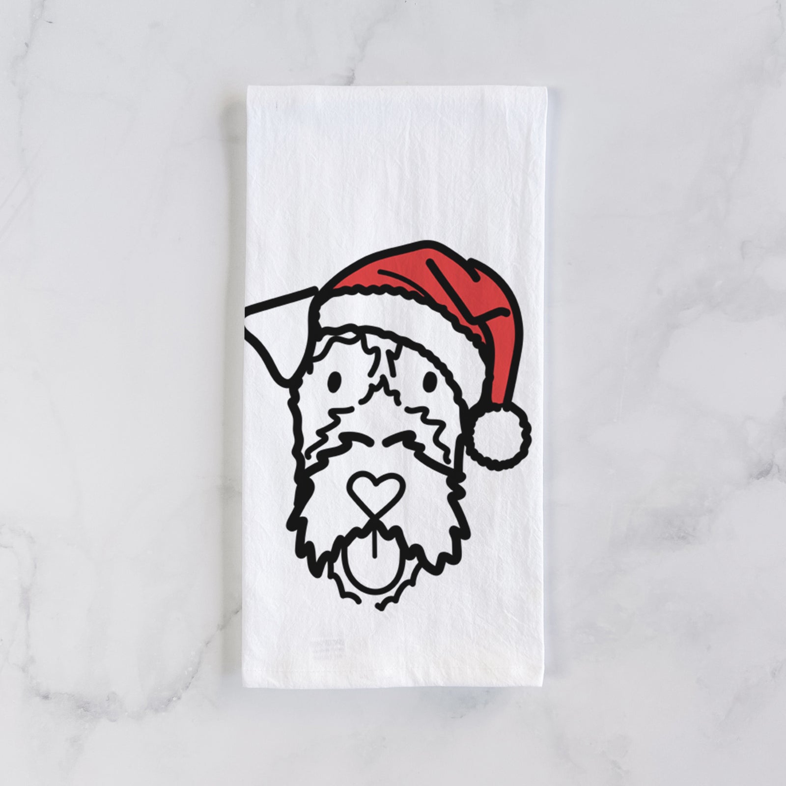 Minimalist line drawing of an Irish Terrier wearing a Santa hat on a tea towel